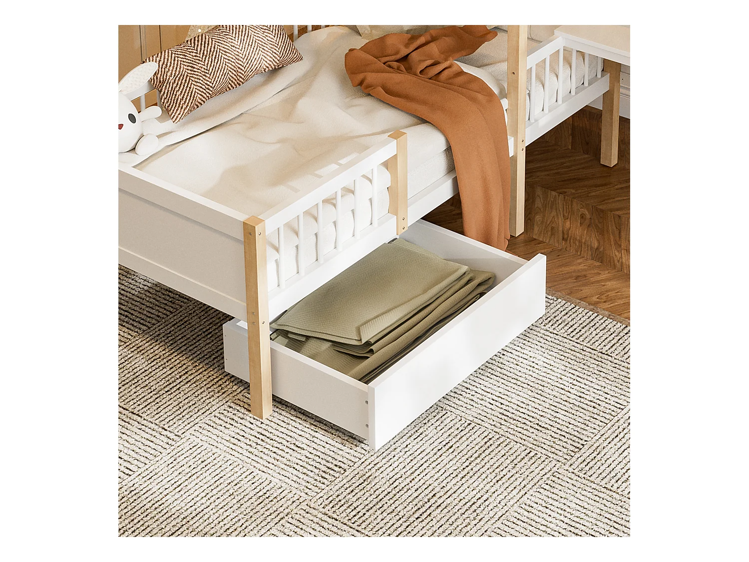 Lit Enfant 90x200 cm lit cabane avec Bureau, Étagère et Tiroirs de rangement, en Bois, Blanc, sans matelas