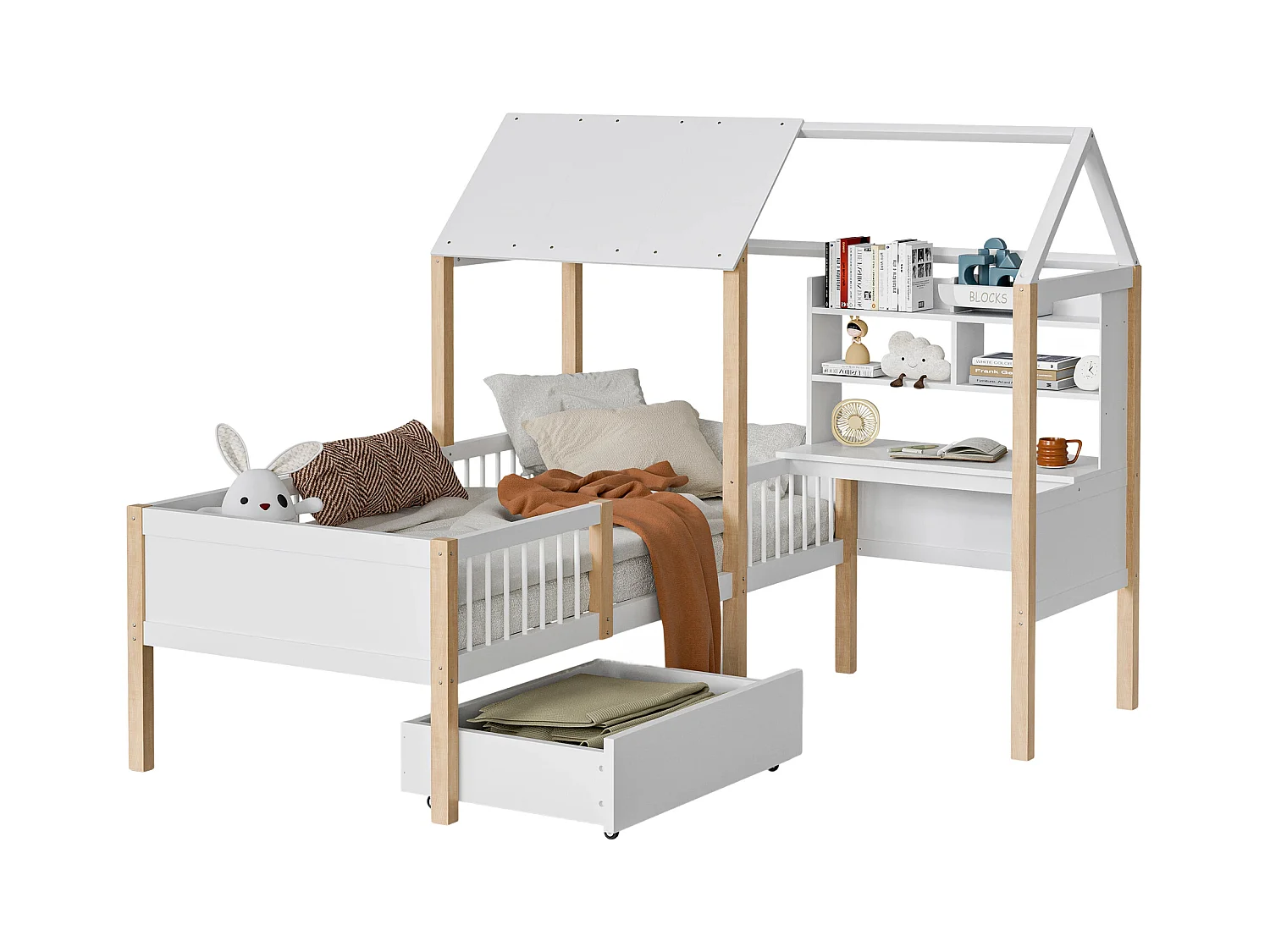 Lit Enfant 90x200 cm lit cabane avec Bureau, Étagère et Tiroirs de rangement, en Bois, Blanc, sans matelas