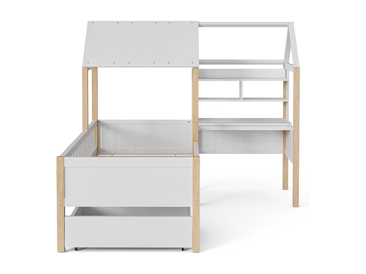 Lit Enfant 90x200 cm lit cabane avec Bureau, Étagère et Tiroirs de rangement, en Bois, Blanc, sans matelas