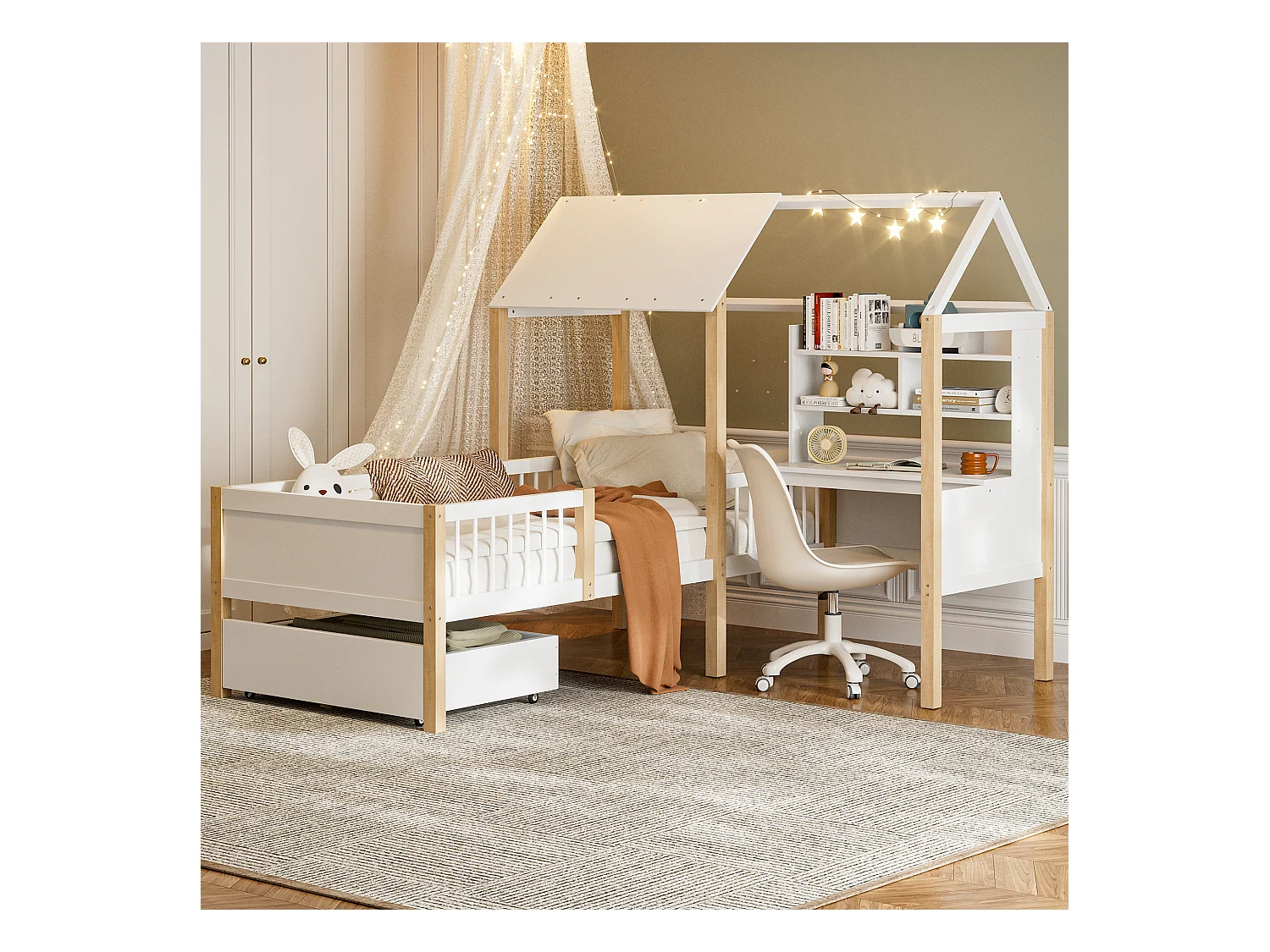 Lit Enfant 90x200 cm lit cabane avec Bureau, Étagère et Tiroirs de rangement, en Bois, Blanc, sans matelas