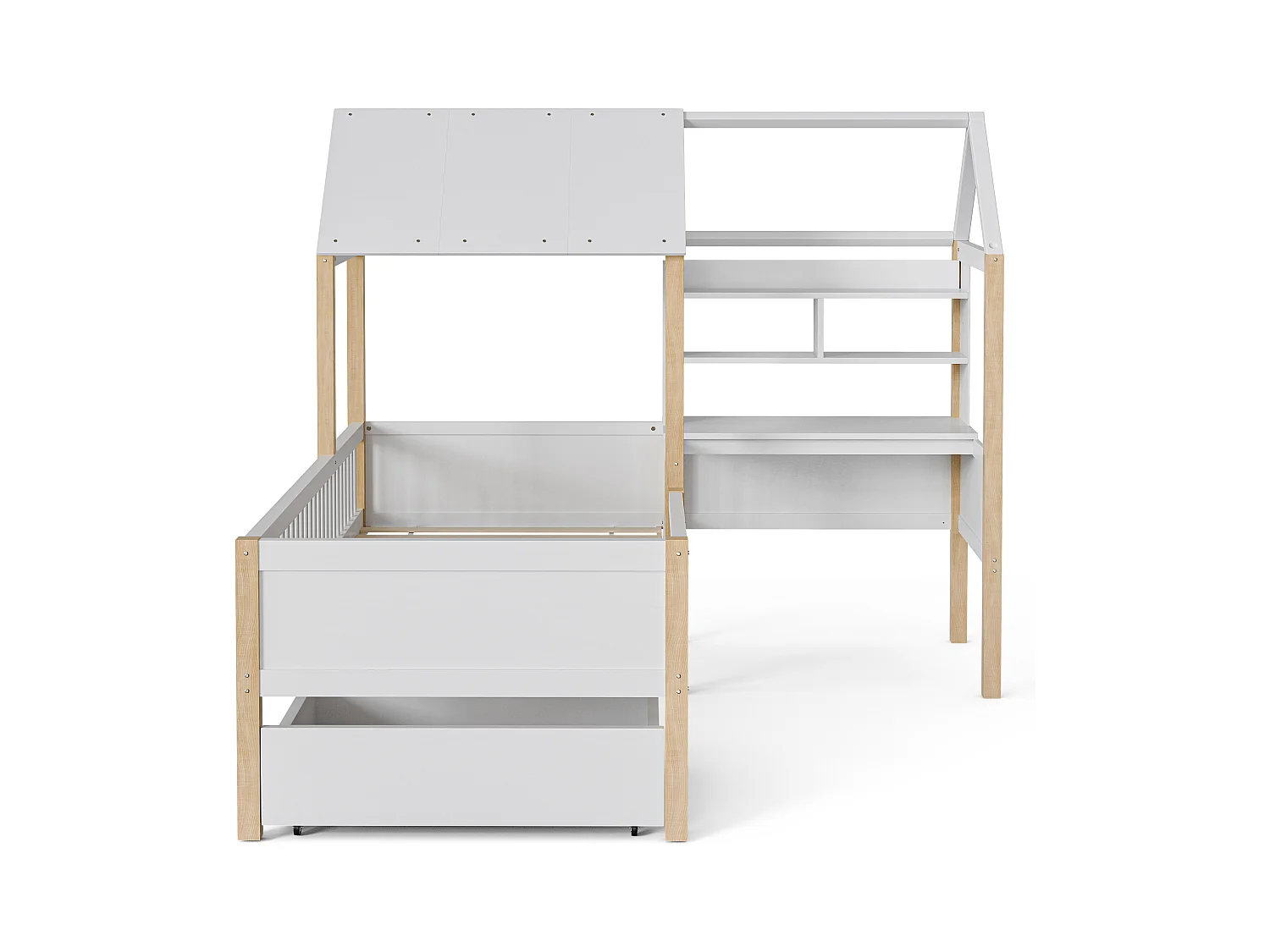 Lit Enfant 90x200 cm lit cabane avec Bureau, Étagère et Tiroirs de rangement, en Bois, Blanc, sans matelas