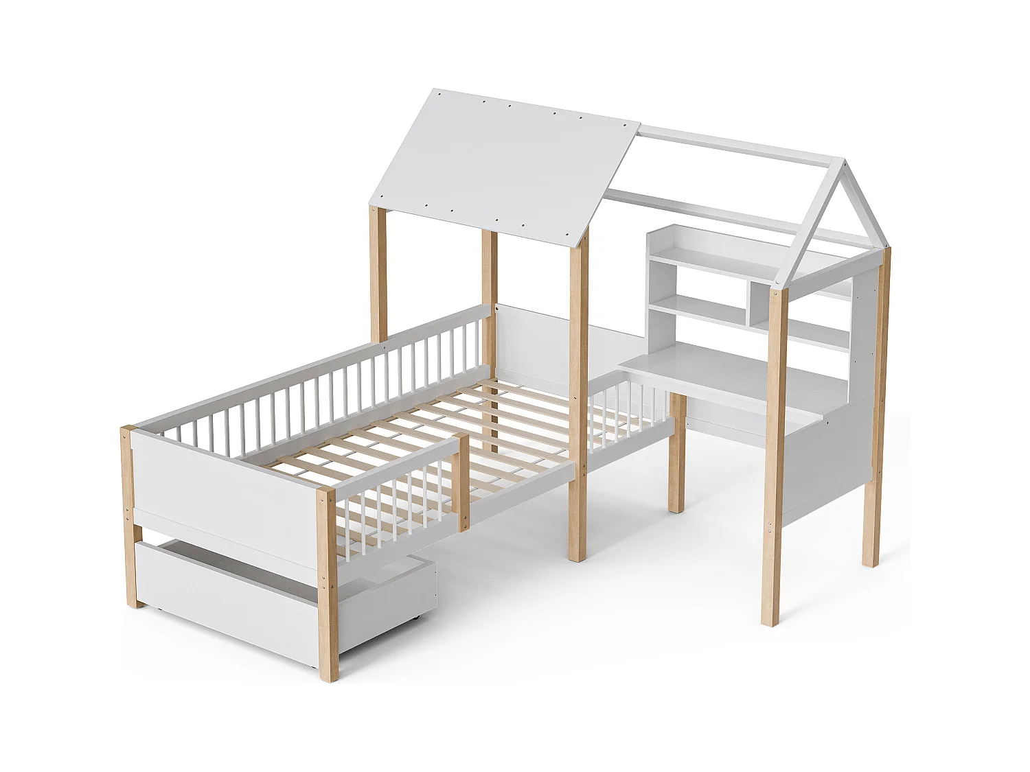 Lit Enfant 90x200 cm lit cabane avec Bureau, Étagère et Tiroirs de rangement, en Bois, Blanc, sans matelas
