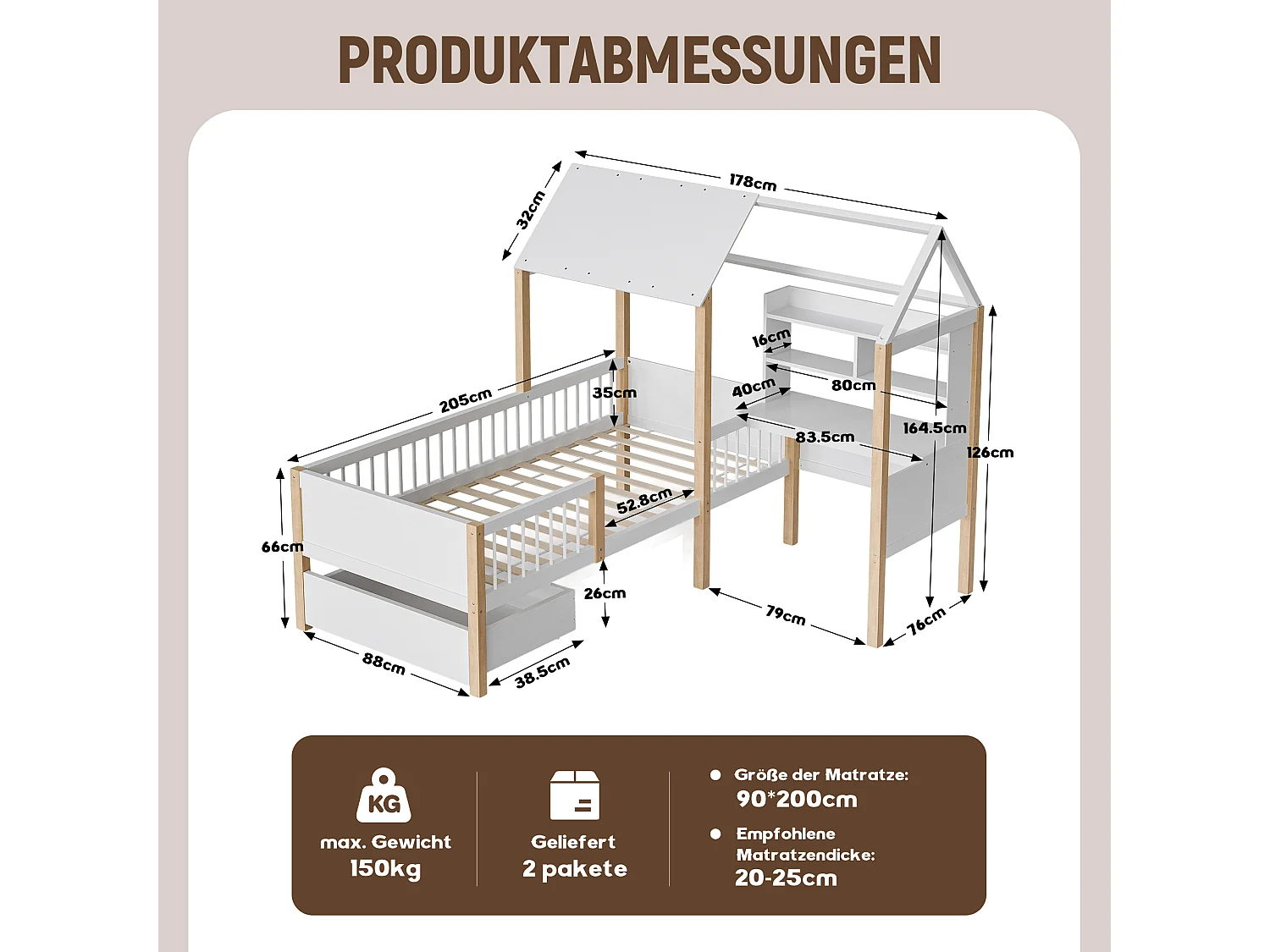 Lit Enfant 90x200 cm lit cabane avec Bureau, Étagère et Tiroirs de rangement, en Bois, Blanc, sans matelas