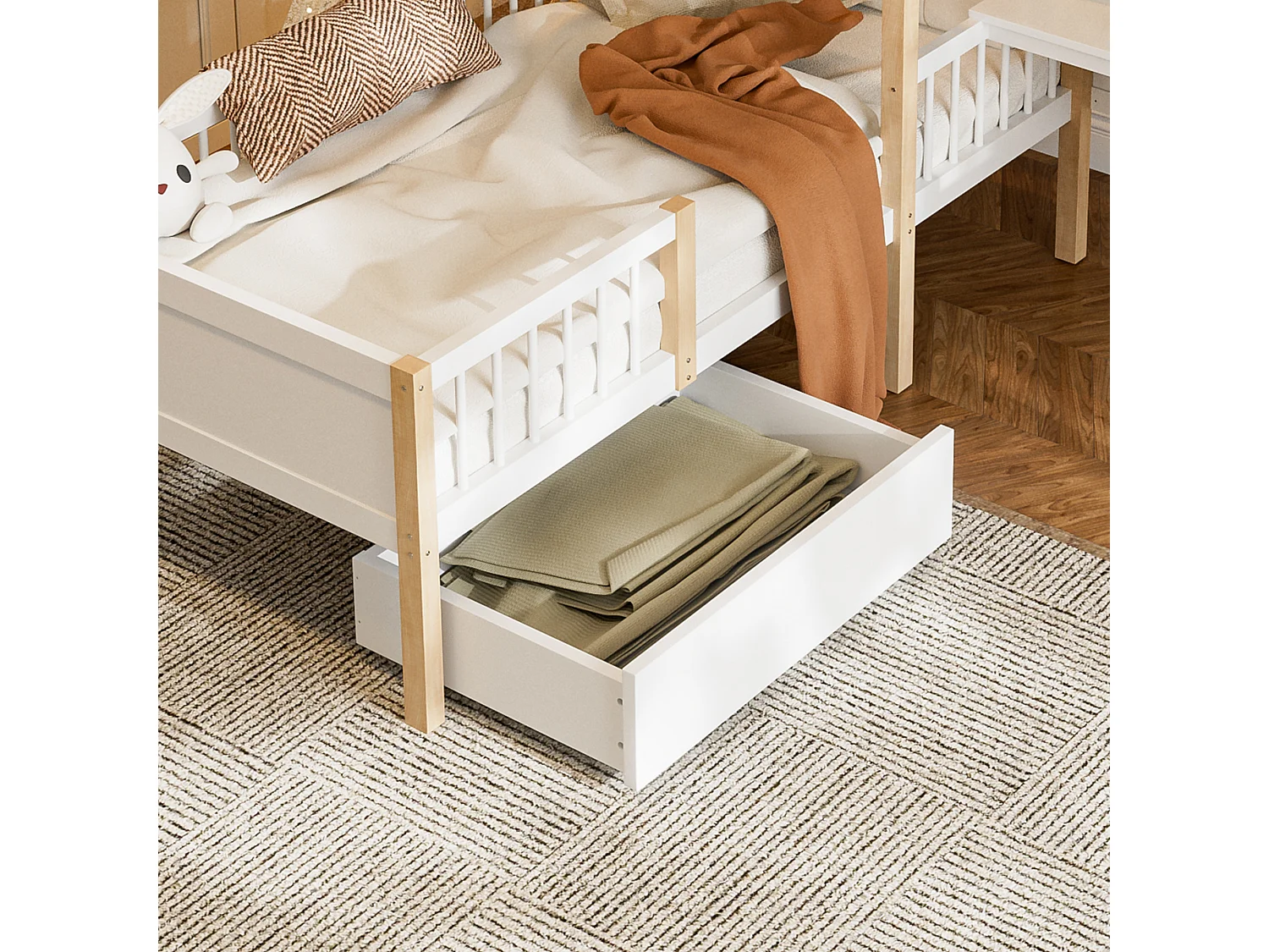 Lit Enfant 90x200 cm lit cabane avec Bureau, Étagère et Tiroirs de rangement, en Bois, Blanc, sans matelas