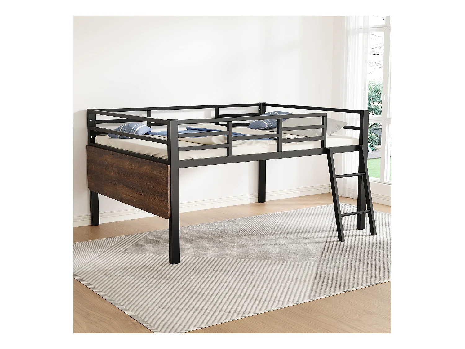 Lit combiné 140x200 cm en métal noir avec rambarde, échelle, bureau, et éclairage LED télécommandé (sans matelas)