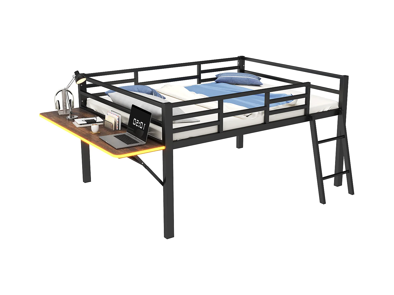 Lit combiné 140x200 cm en métal noir avec rambarde, échelle, bureau, et éclairage LED télécommandé (sans matelas)