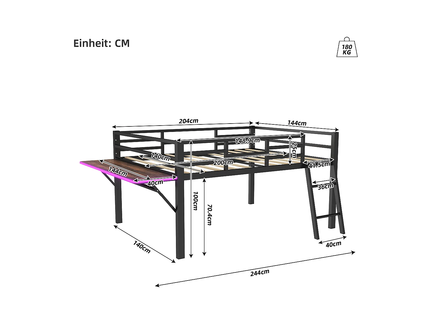 Lit combiné 140x200 cm en métal noir avec rambarde, échelle, bureau, et éclairage LED télécommandé (sans matelas)