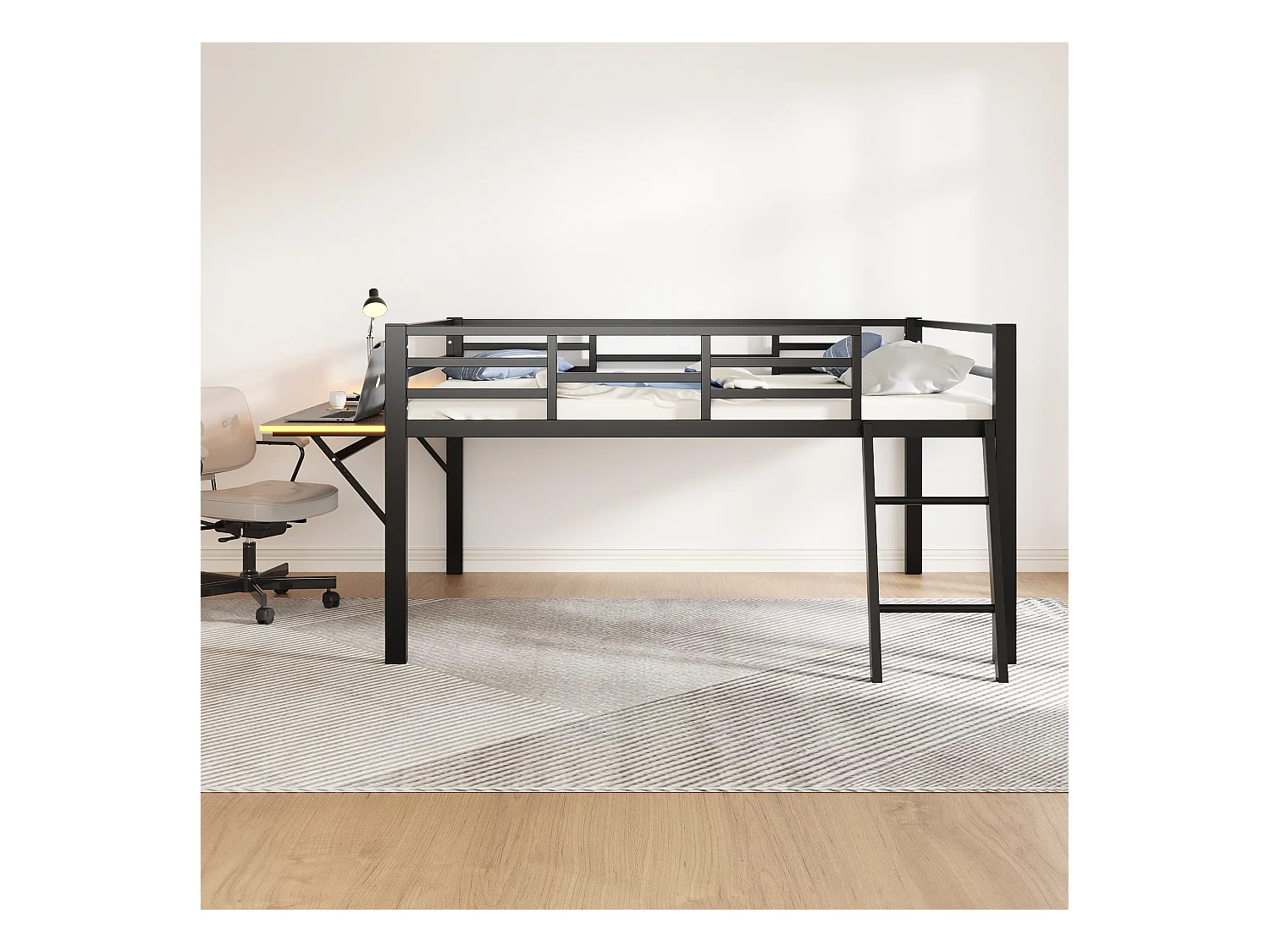 Lit combiné 140x200 cm en métal noir avec rambarde, échelle, bureau, et éclairage LED télécommandé (sans matelas)