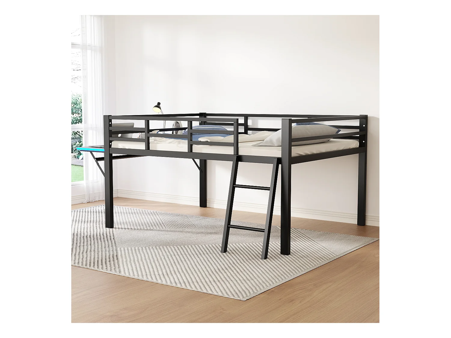 Lit combiné 140x200 cm en métal noir avec rambarde, échelle, bureau, et éclairage LED télécommandé (sans matelas)