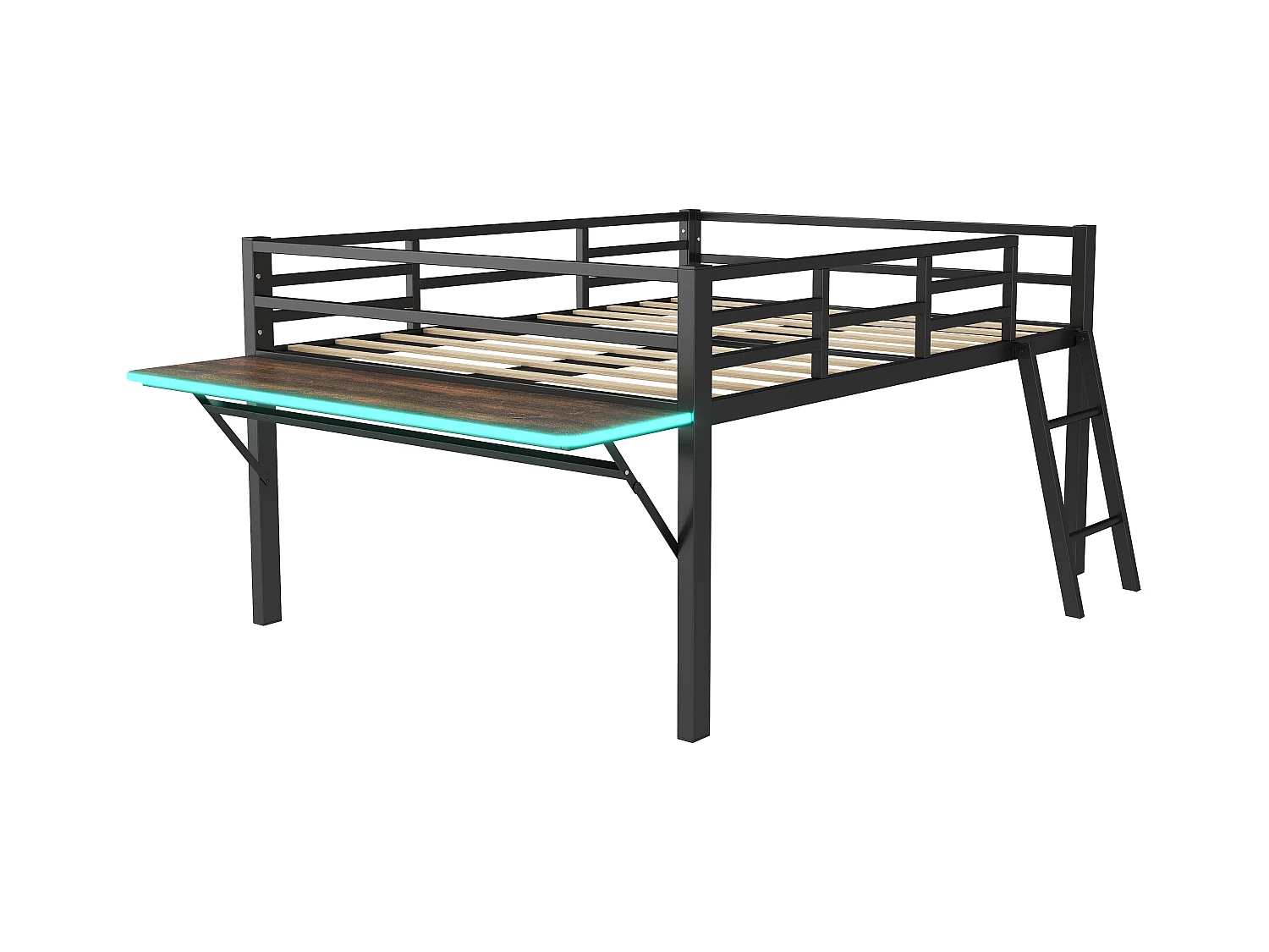 Lit combiné 140x200 cm en métal noir avec rambarde, échelle, bureau, et éclairage LED télécommandé (sans matelas)