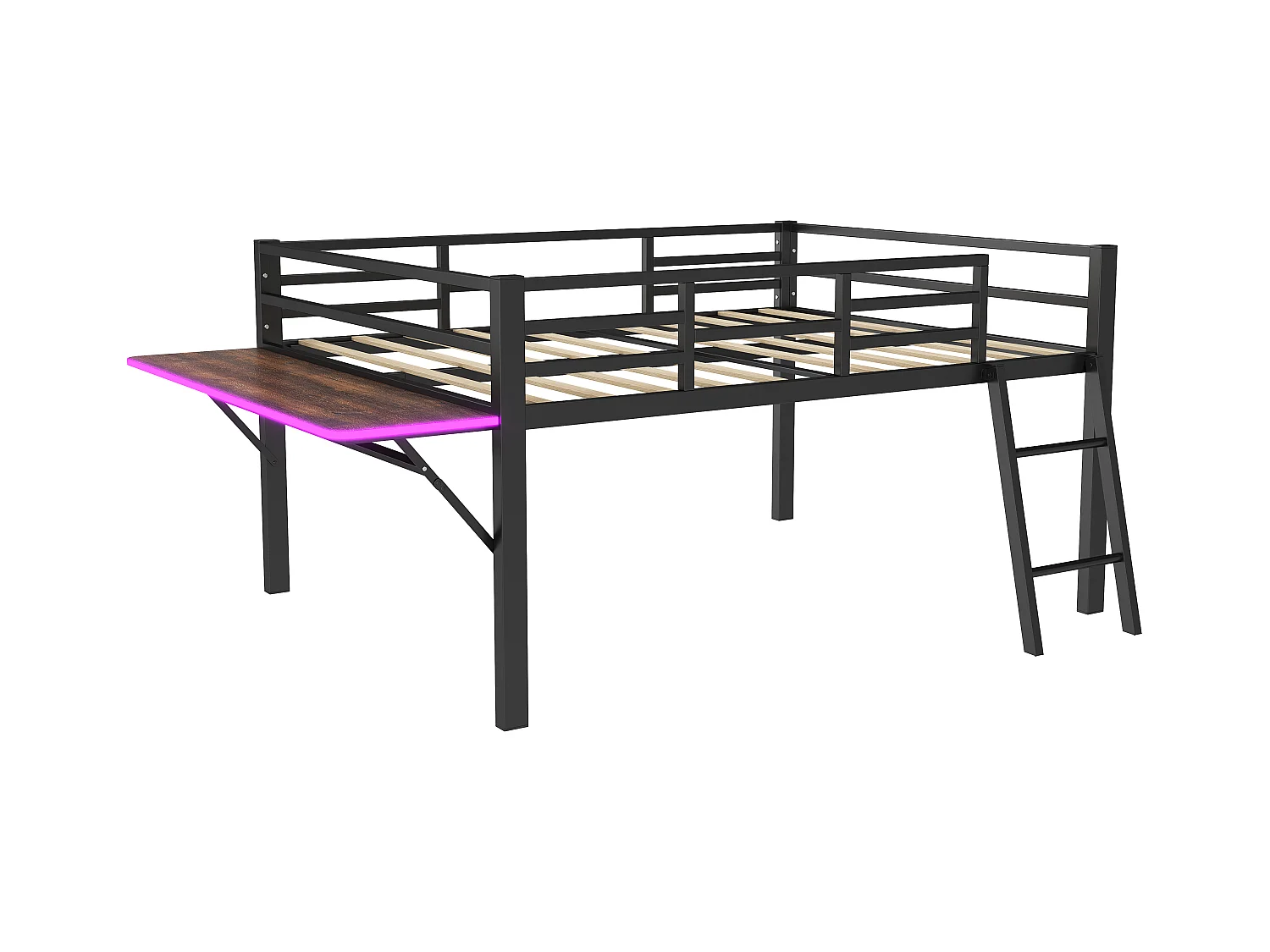 Lit combiné 140x200 cm en métal noir avec rambarde, échelle, bureau, et éclairage LED télécommandé (sans matelas)
