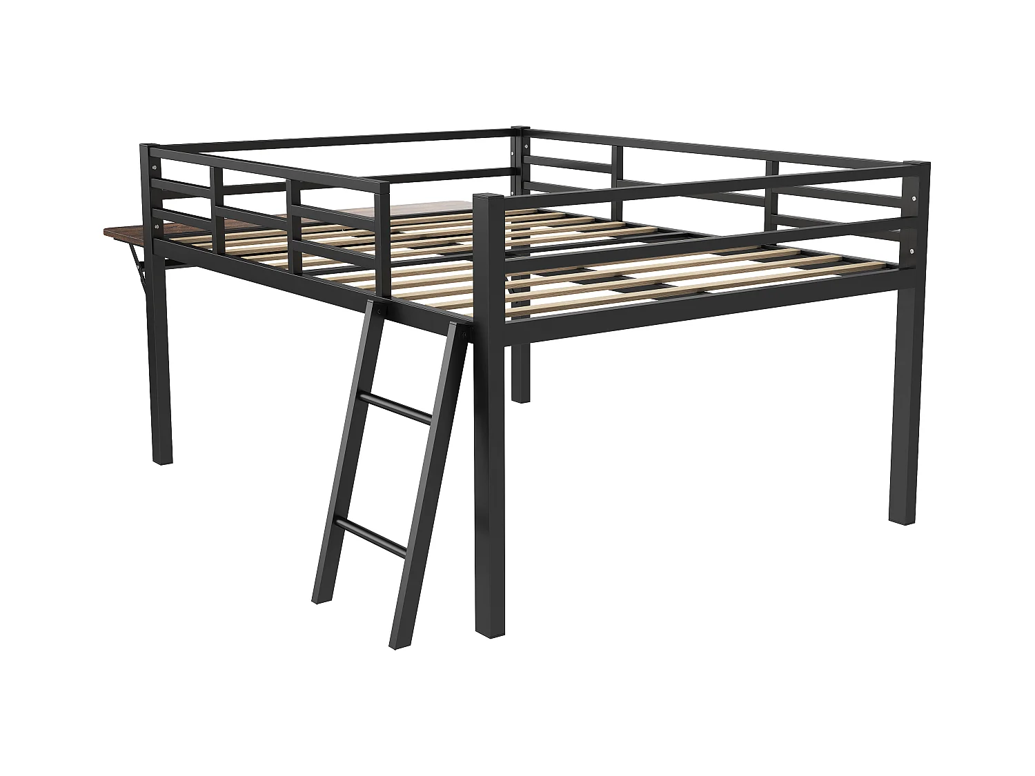 Lit combiné 140x200 cm en métal noir avec rambarde, échelle, bureau, et éclairage LED télécommandé (sans matelas)