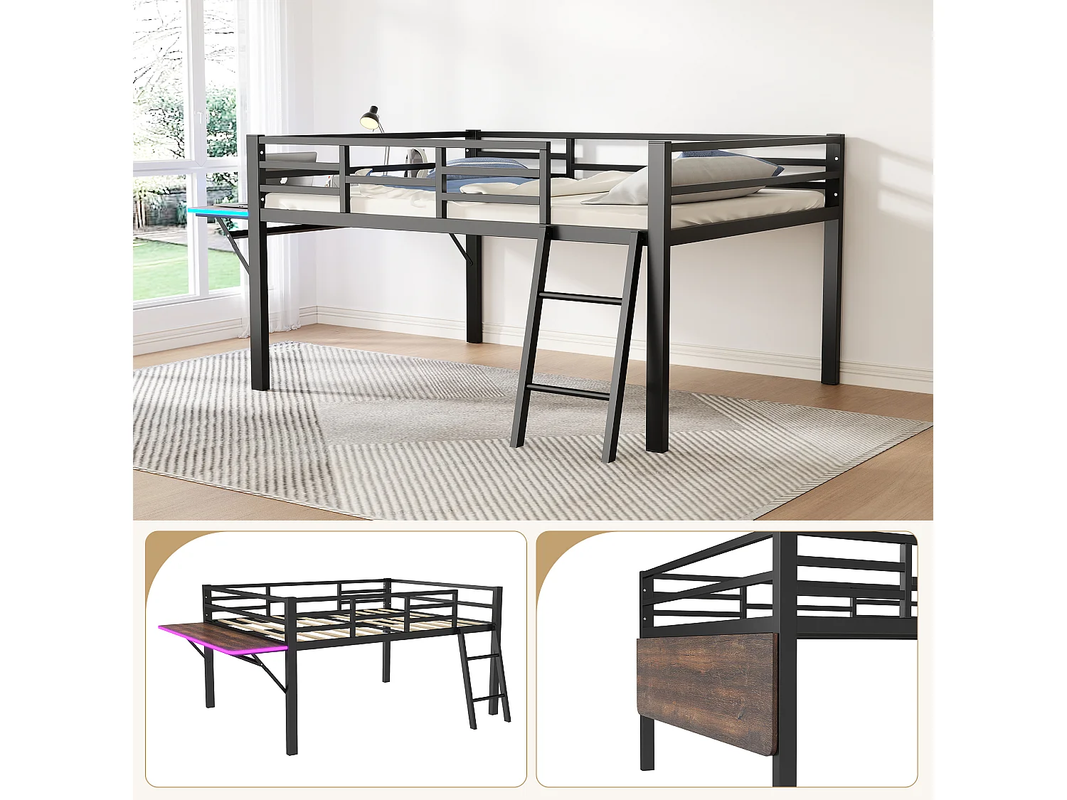 Letto combinato 140x200 cm in metallo nero con sbarra, scala, scrivania e illuminazione LED telecomandata (materasso non incluso)