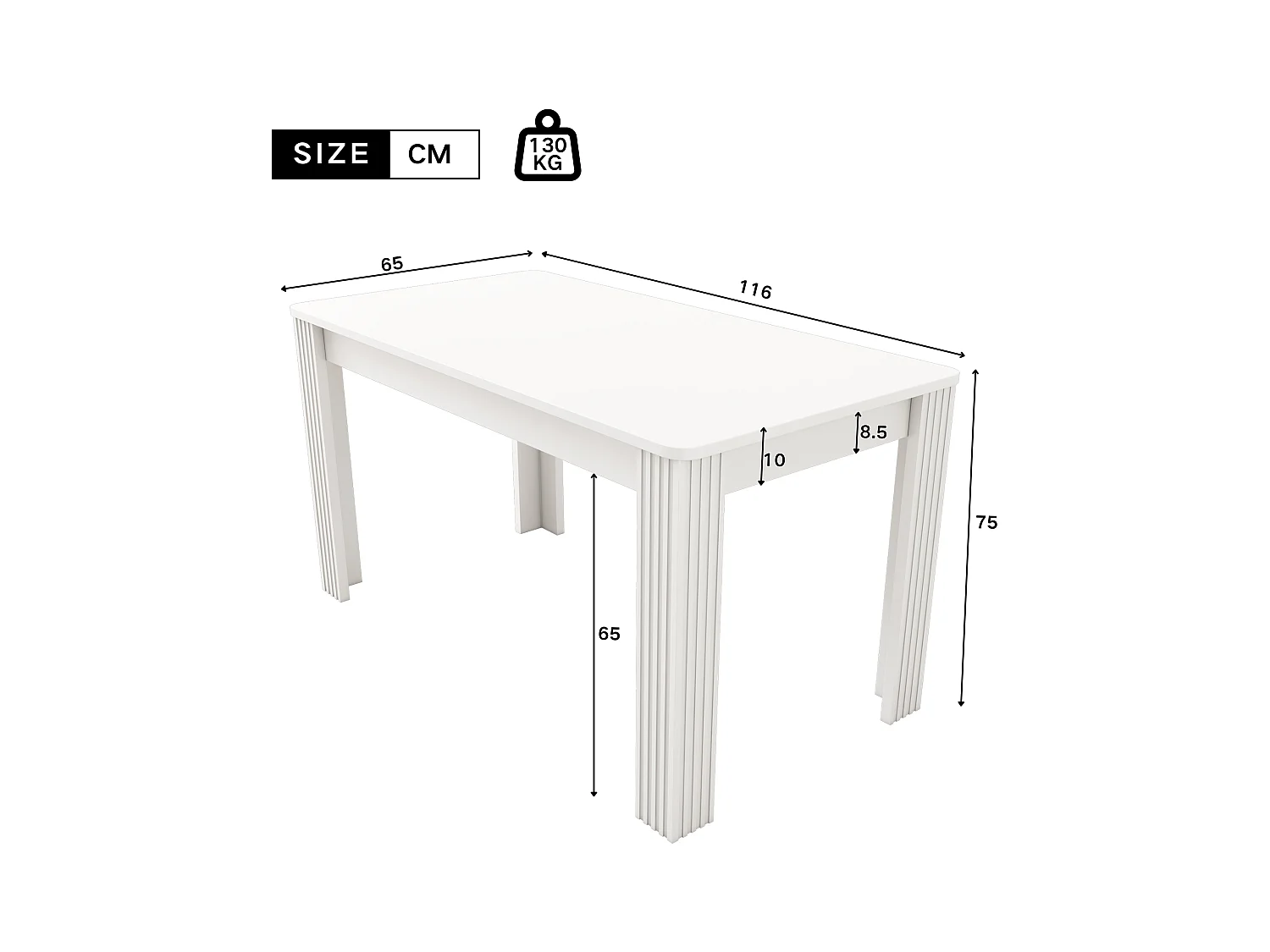 Table à manger rectangulaire116×65×75cm blanc en panneau de particules – 4 pieds, style moderne (sans chaises)