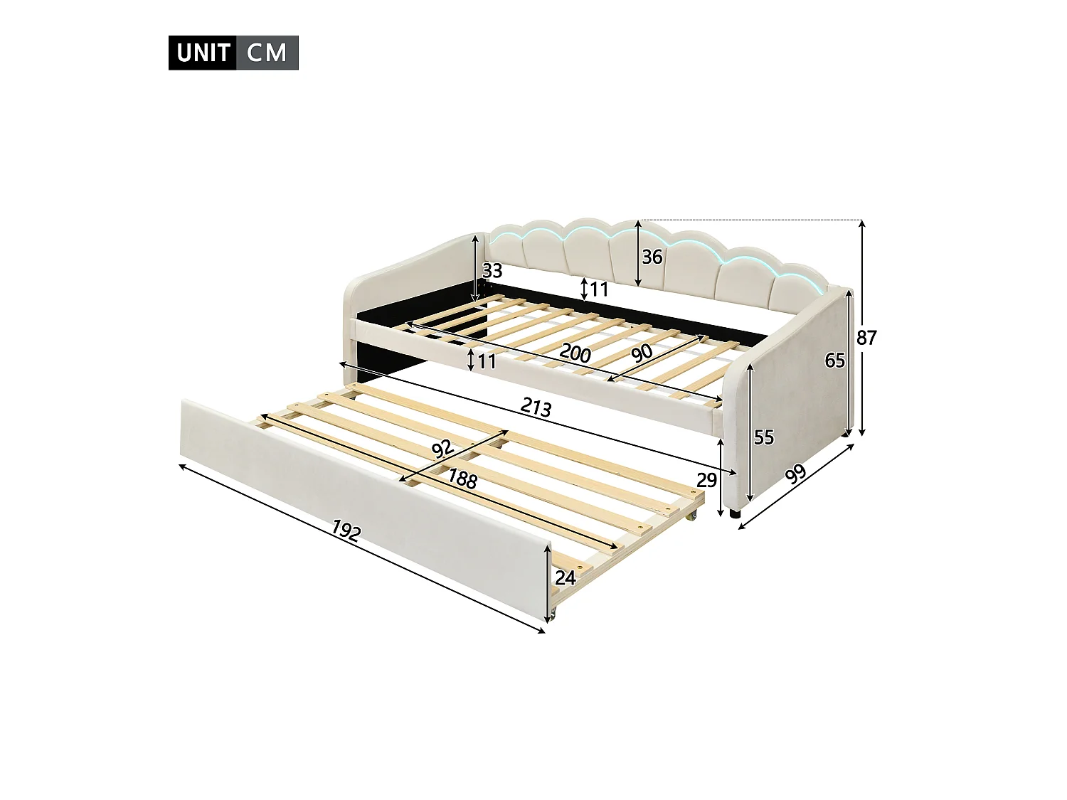 Lit enfant 90x200 cm extensible avec LED RGB et télécommande – Velours beige, design minimaliste (sans matelas)