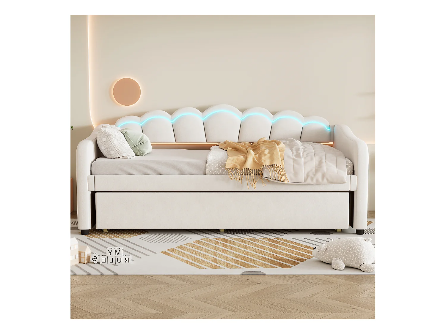 Lit enfant 90x200 cm extensible avec LED RGB et télécommande – Velours beige, design minimaliste (sans matelas)