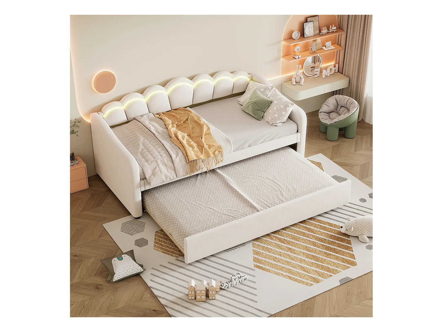 Lit enfant 90x200 cm extensible avec LED RGB et télécommande – Velours beige, design minimaliste (sans matelas)