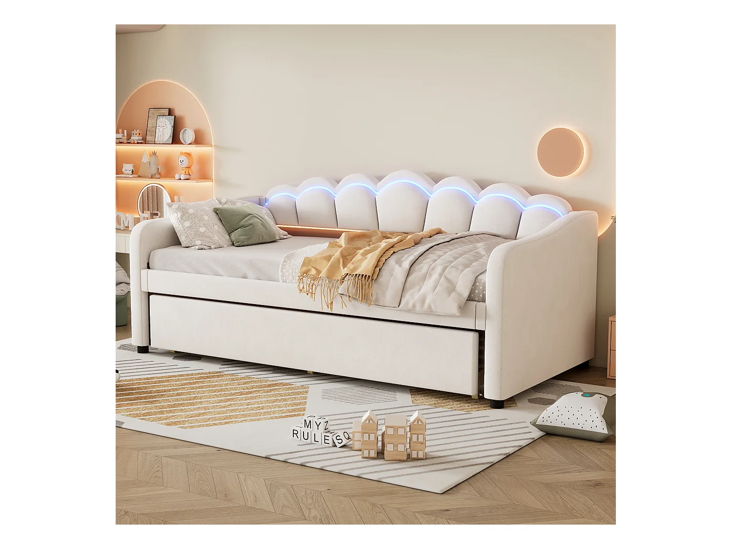 Lit enfant 90x200 cm extensible avec LED RGB et télécommande – Velours beige, design minimaliste (sans matelas)