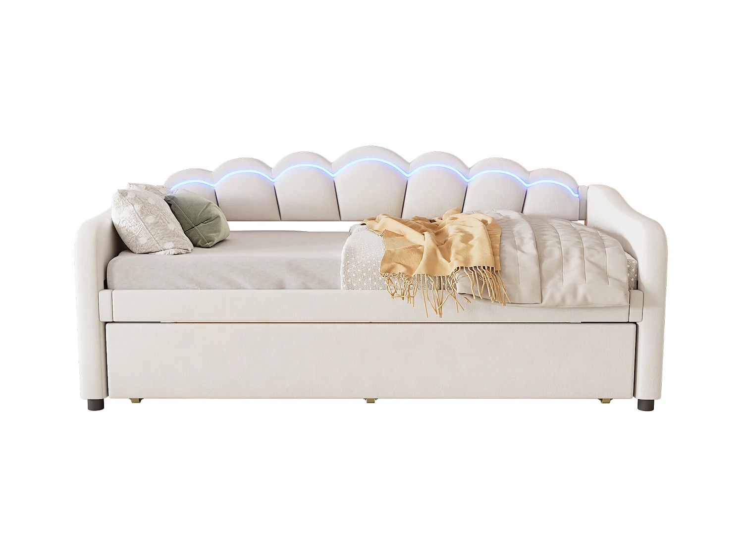 Lit enfant 90x200 cm extensible avec LED RGB et télécommande – Velours beige, design minimaliste (sans matelas)