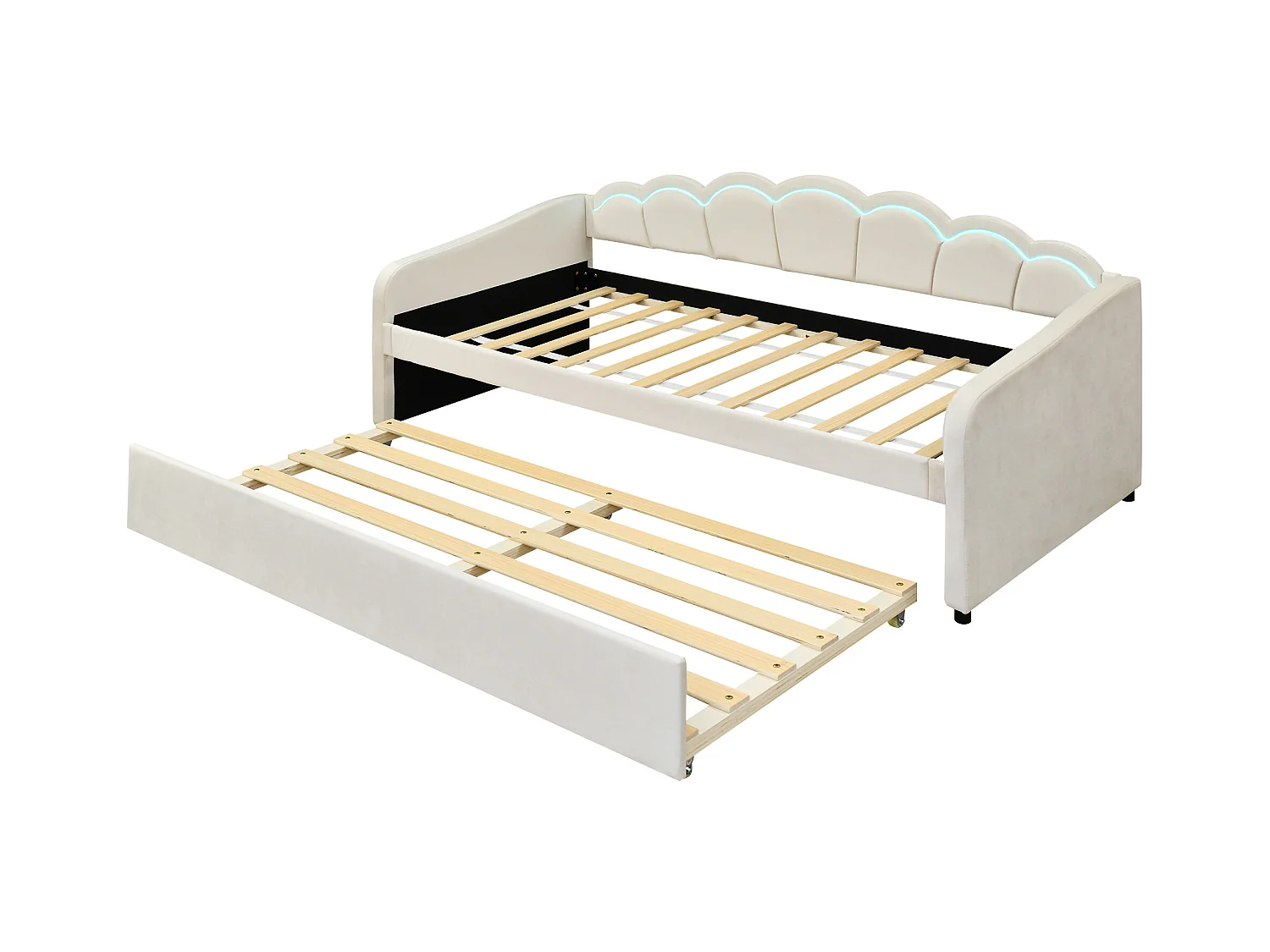 Lit enfant 90x200 cm extensible avec LED RGB et télécommande – Velours beige, design minimaliste (sans matelas)