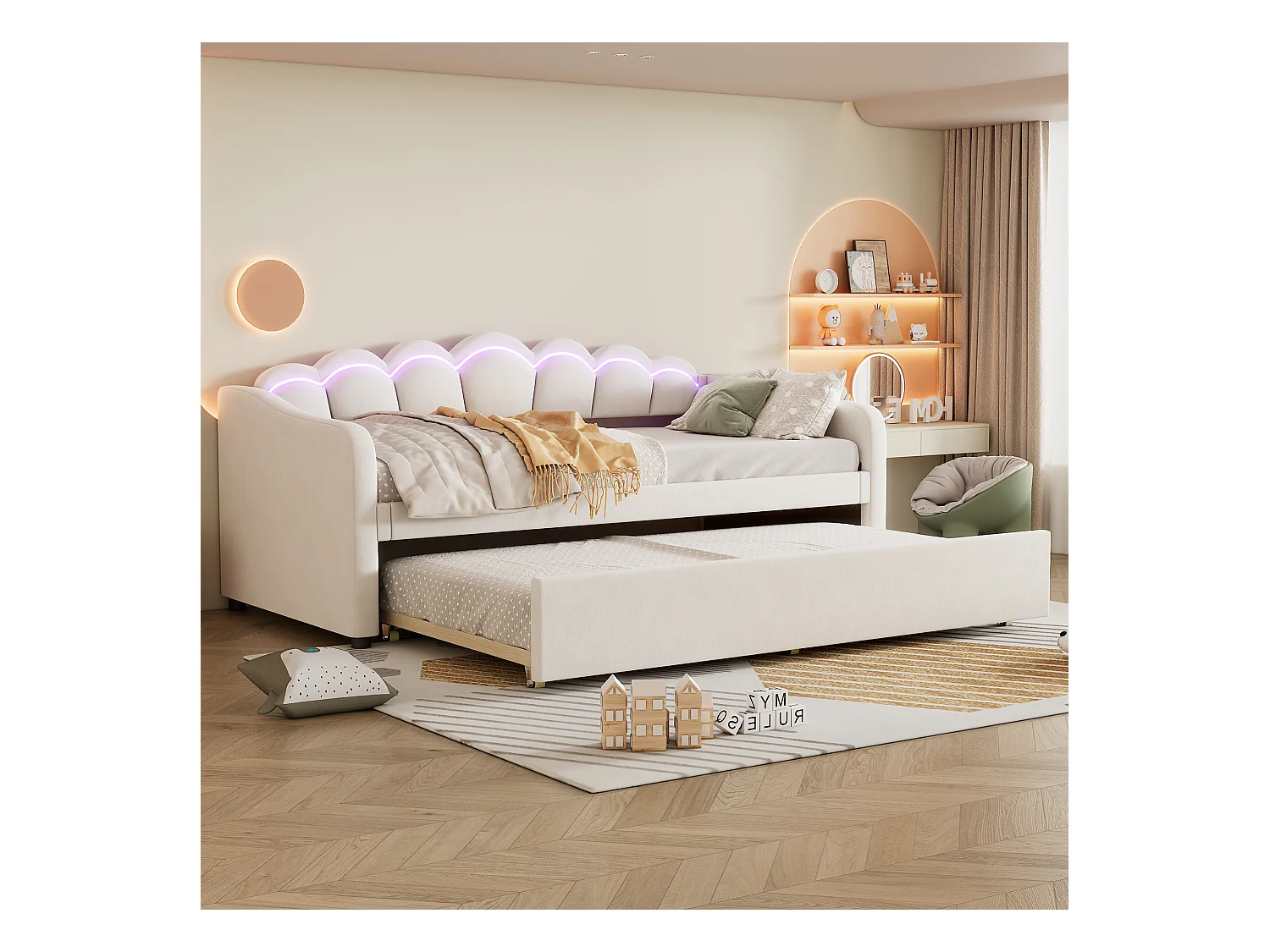 Lit enfant 90x200 cm extensible avec LED RGB et télécommande – Velours beige, design minimaliste (sans matelas)