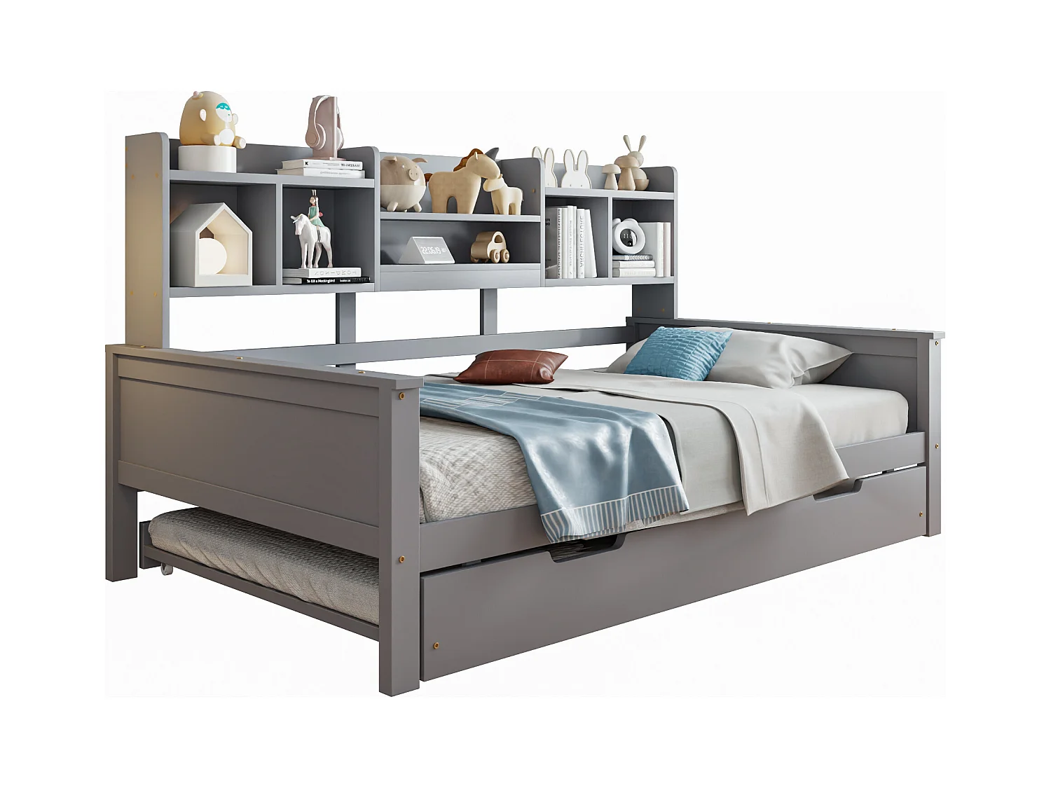 Uitschuifbare Kinderbed 90x200 cm met onderschuifbed 90x190 cm – grenenhout, lattenbodem en opbergruimte – multifunctioneel eenpersoons grijs bed (zonder matras)