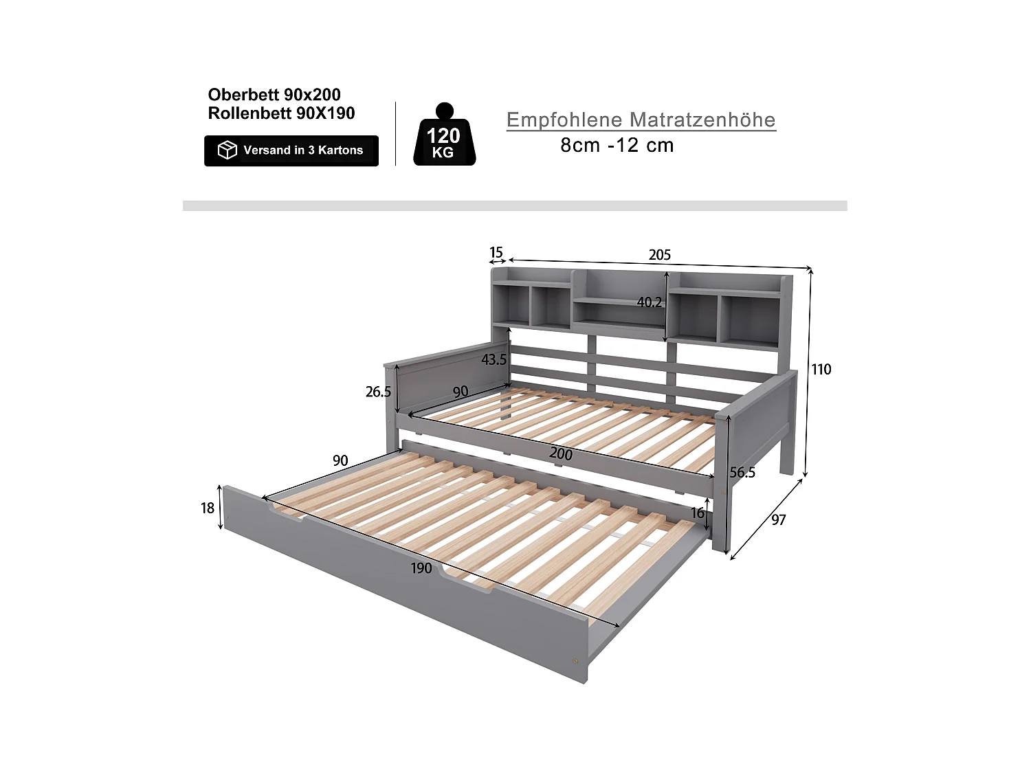 Uitschuifbare Kinderbed 90x200 cm met onderschuifbed 90x190 cm – grenenhout, lattenbodem en opbergruimte – multifunctioneel eenpersoons grijs bed (zonder matras)