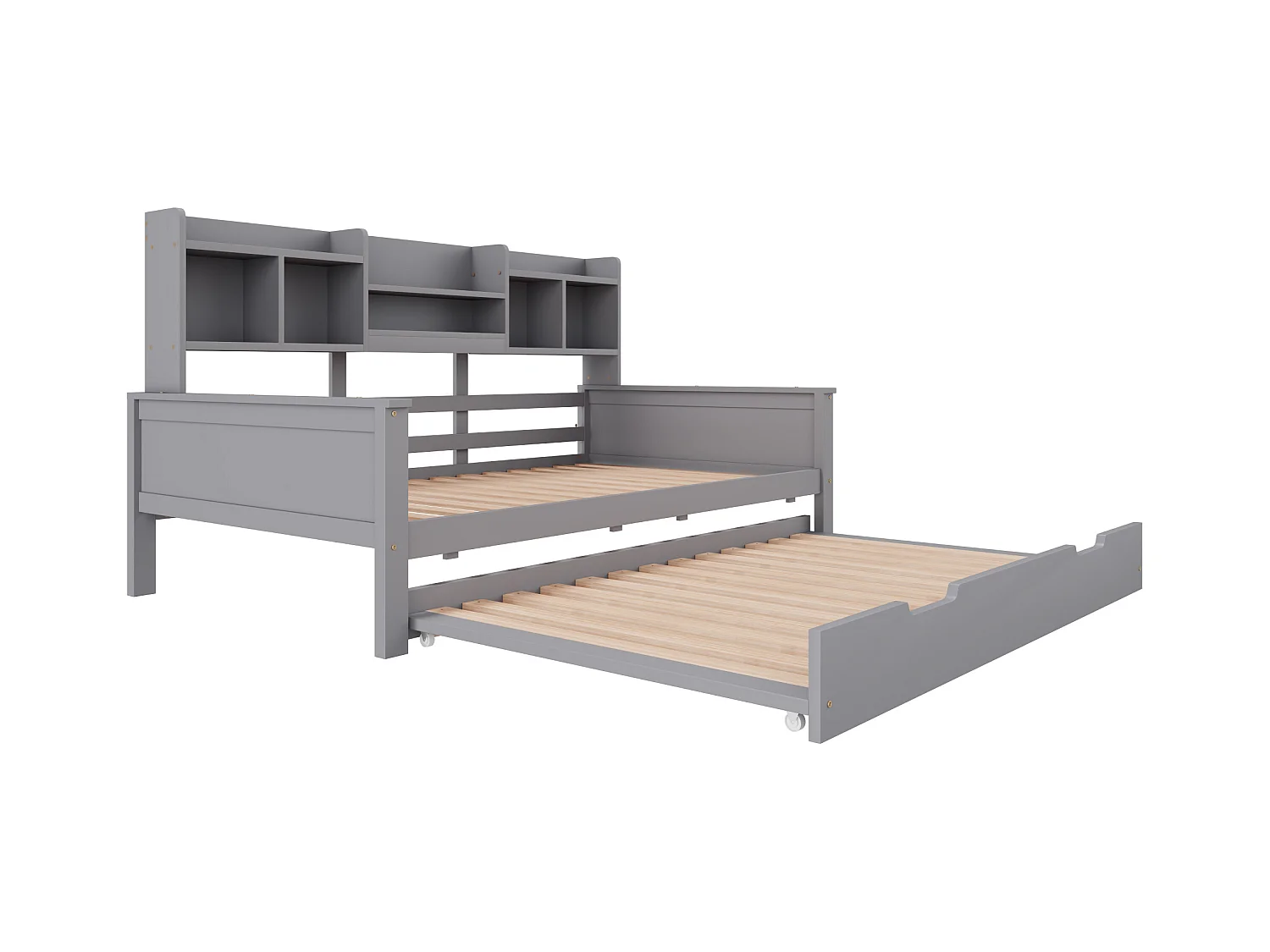 Uitschuifbare Kinderbed 90x200 cm met onderschuifbed 90x190 cm – grenenhout, lattenbodem en opbergruimte – multifunctioneel eenpersoons grijs bed (zonder matras)