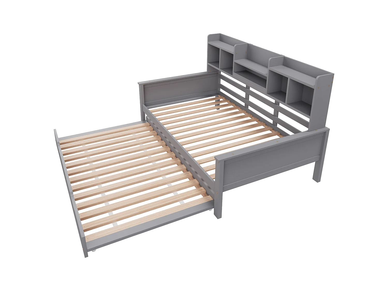 Uitschuifbare Kinderbed 90x200 cm met onderschuifbed 90x190 cm – grenenhout, lattenbodem en opbergruimte – multifunctioneel eenpersoons grijs bed (zonder matras)