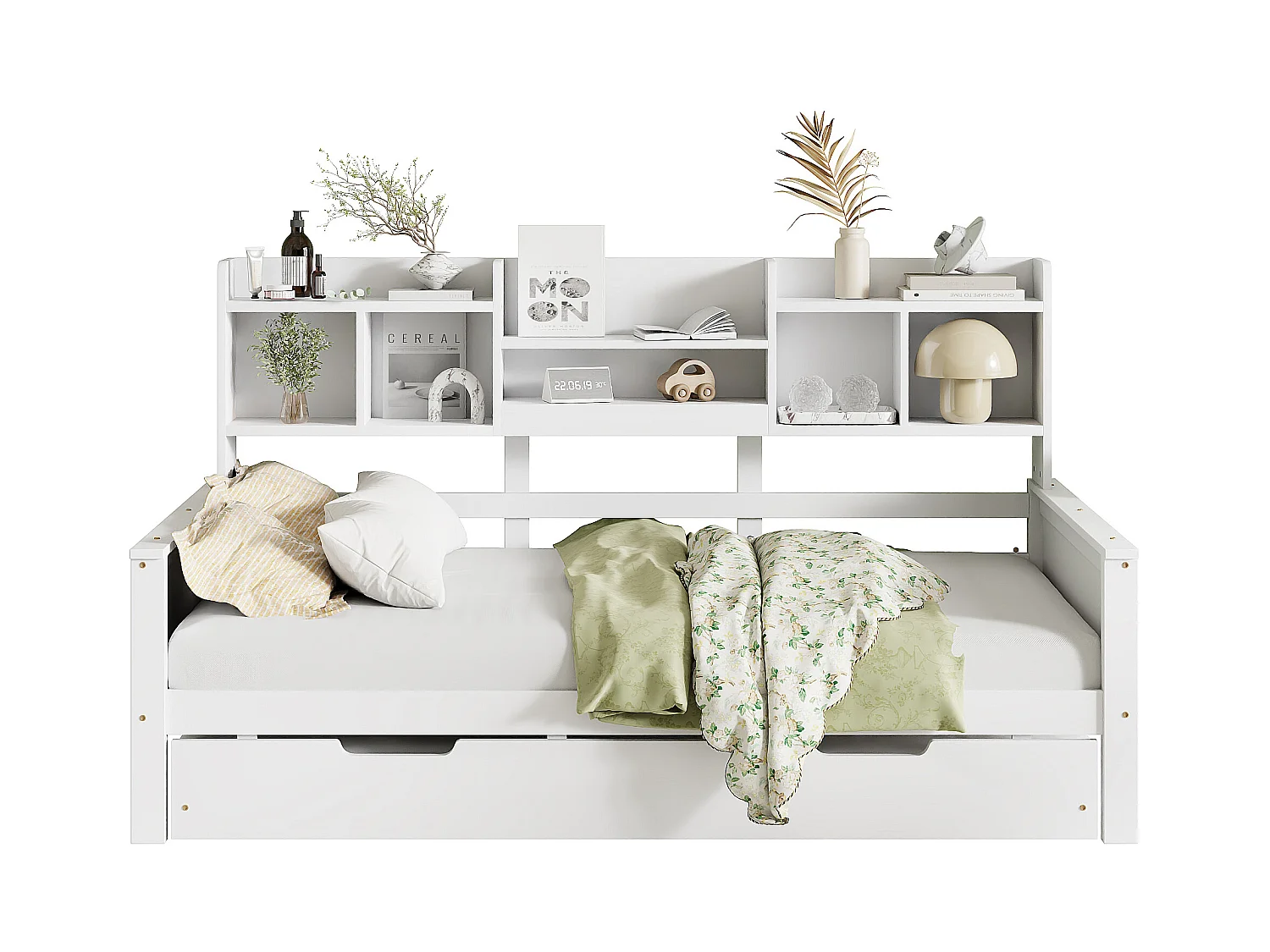 Lit enfant extensible 90x200 cm avec lit gigogne 90x190 cm – bois de pin, sommier et coffre de rangement – lit simple multifonction blanc (sans matelas)