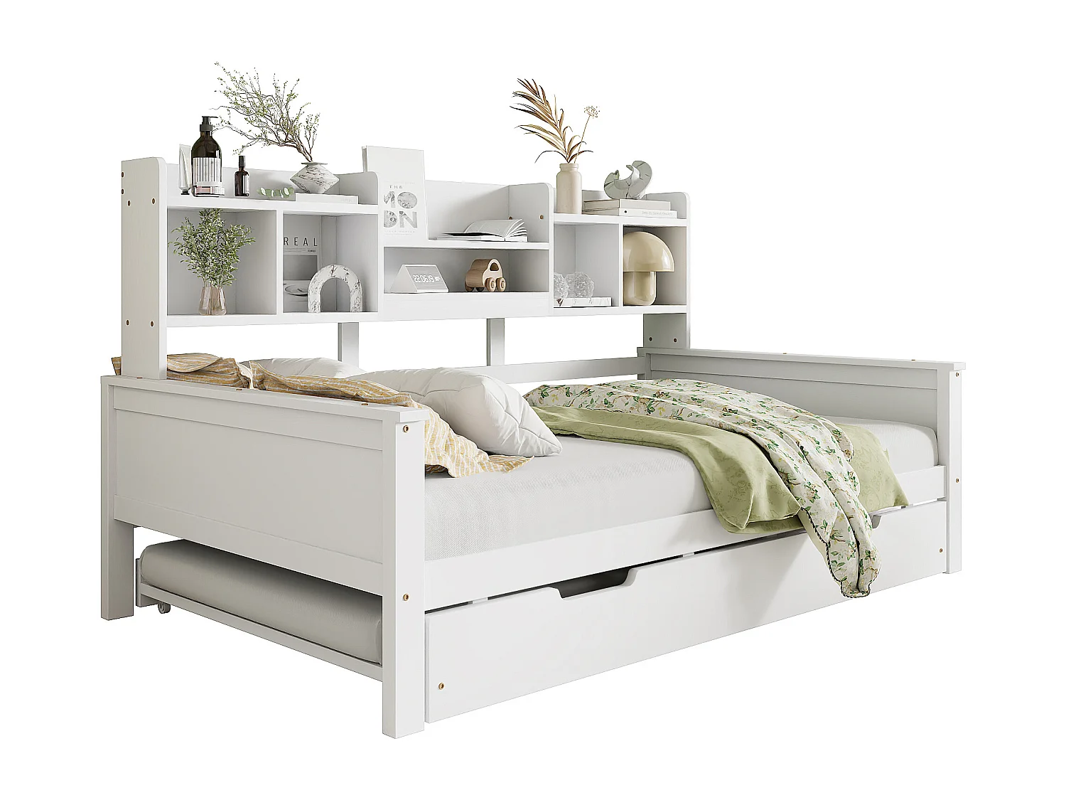 Lit enfant extensible 90x200 cm avec lit gigogne 90x190 cm – bois de pin, sommier et coffre de rangement – lit simple multifonction blanc (sans matelas)