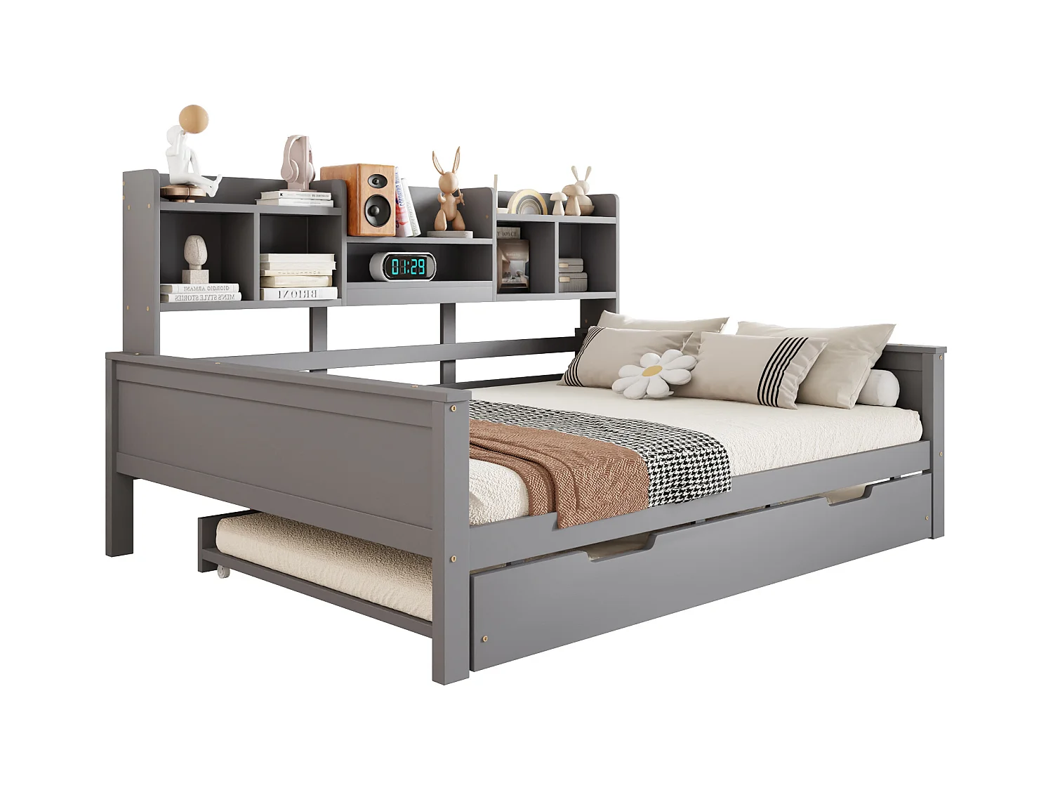 Lit enfant extensible 140x200 cm avec lit gigogne 90x190 cm –cadre en pin avec étagère, gris (sans matelas)