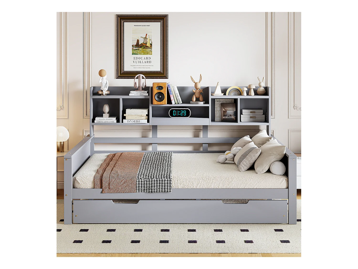 Lit enfant extensible 140x200 cm avec lit gigogne 90x190 cm –cadre en pin avec étagère, gris (sans matelas)