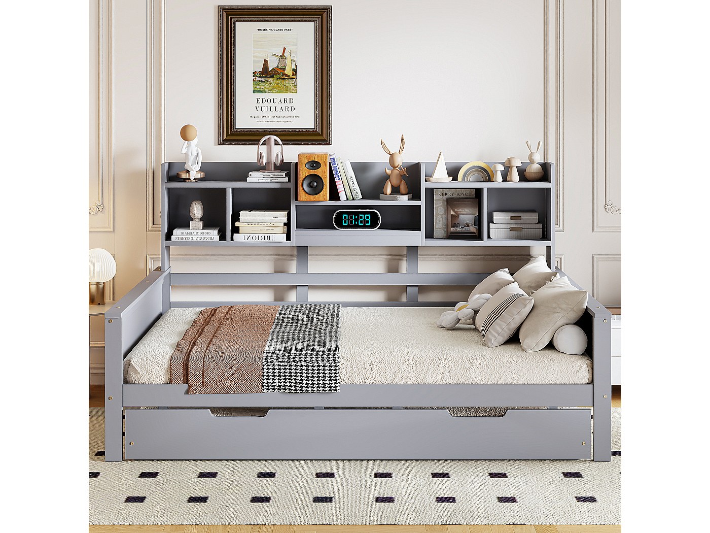 Soweiz Lettino per bambini, 90 x 200 cm, in legno massiccio con pannello e 2 cassetti, con recinzione e rete a doghe, bianco (senza materasso