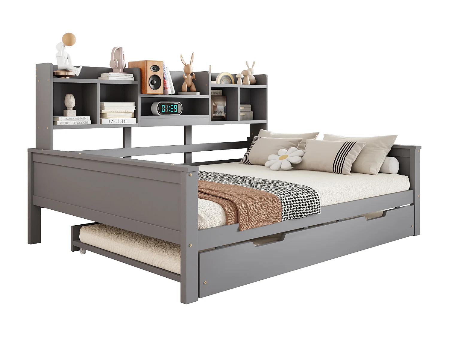 Letto per bambini estensibile 140x200 cm con letto estraibile 90x190 cm – legno di pino, rete a doghe e contenitore – letto multifunzionale grigio (senza materasso)