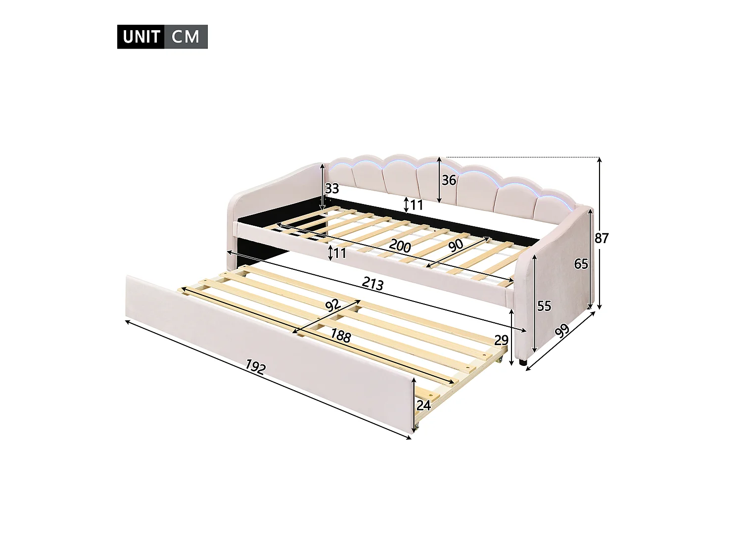 Lit Lit enfant 90x200 cm extensible avec éclairage RGB – Velours rose, design minimaliste (sans matelas)