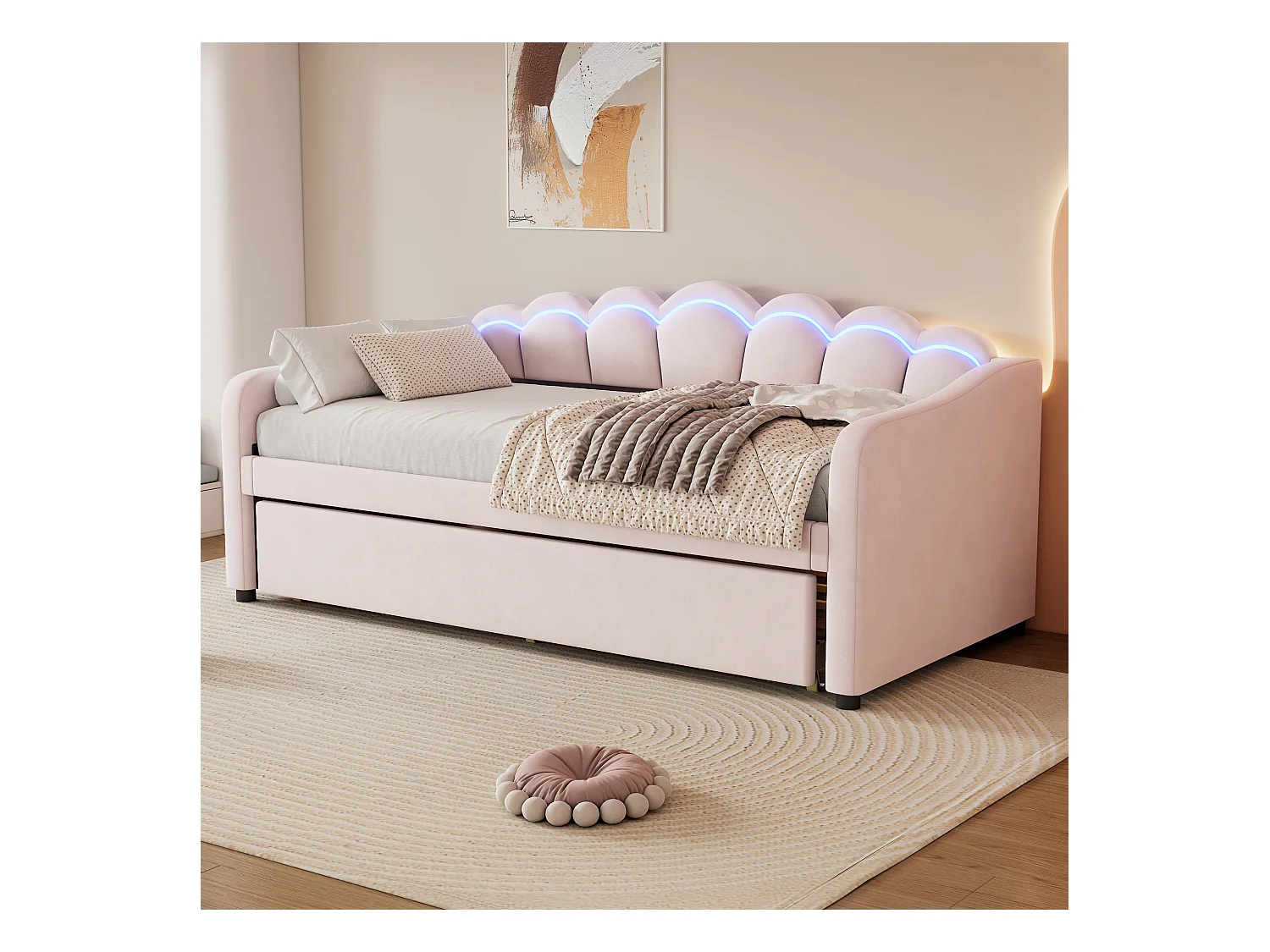Lit Lit enfant 90x200 cm extensible avec éclairage RGB – Velours rose, design minimaliste (sans matelas)
