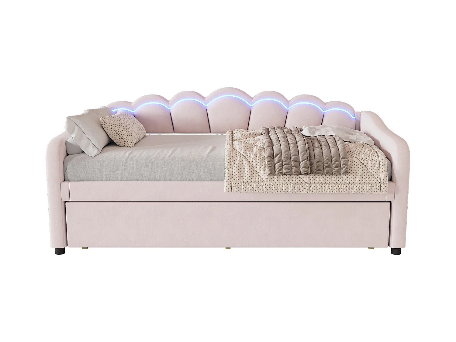 Lit Lit enfant 90x200 cm extensible avec éclairage RGB – Velours rose, design minimaliste (sans matelas)