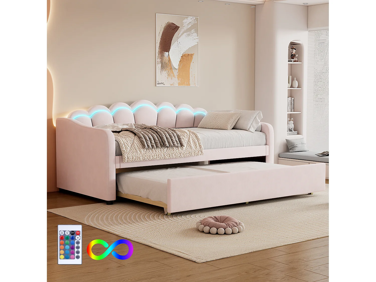 Lit Lit enfant 90x200 cm extensible avec éclairage RGB – Velours rose, design minimaliste (sans matelas)