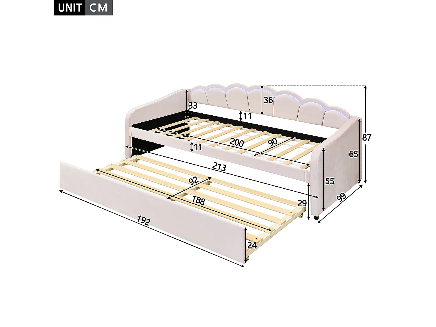 Lit Lit enfant 90x200 cm extensible avec éclairage RGB – Velours rose, design minimaliste (sans matelas)