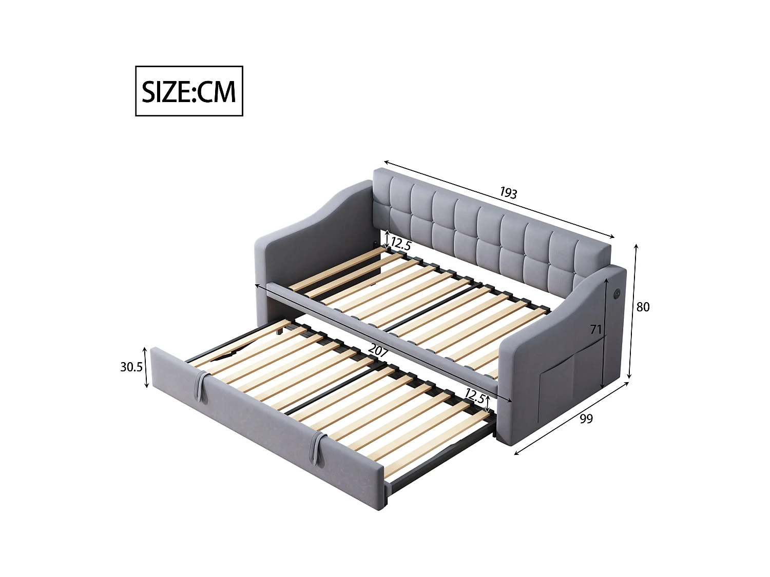 Lit banquette enfant 90x190 cm avec lit gigogne en velours gris avec prise et poche de rangement (sans matelas)