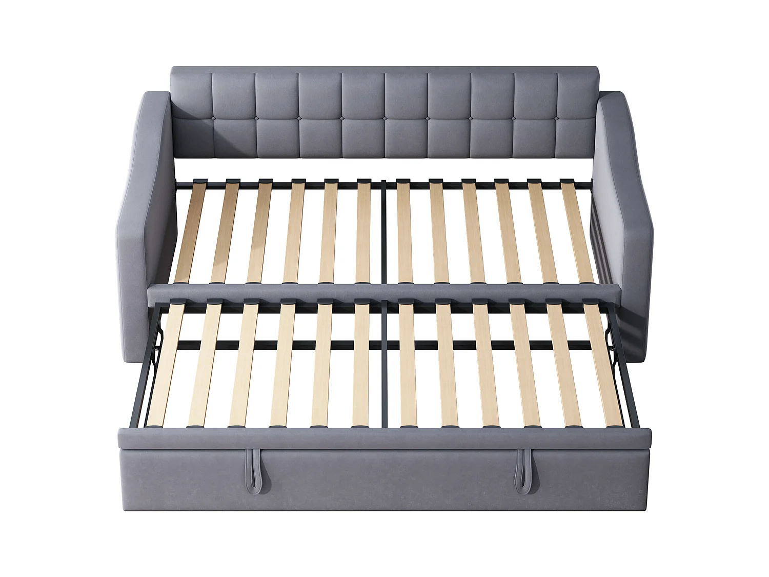 Lit banquette enfant 90x190 cm avec lit gigogne en velours gris avec prise et poche de rangement (sans matelas)