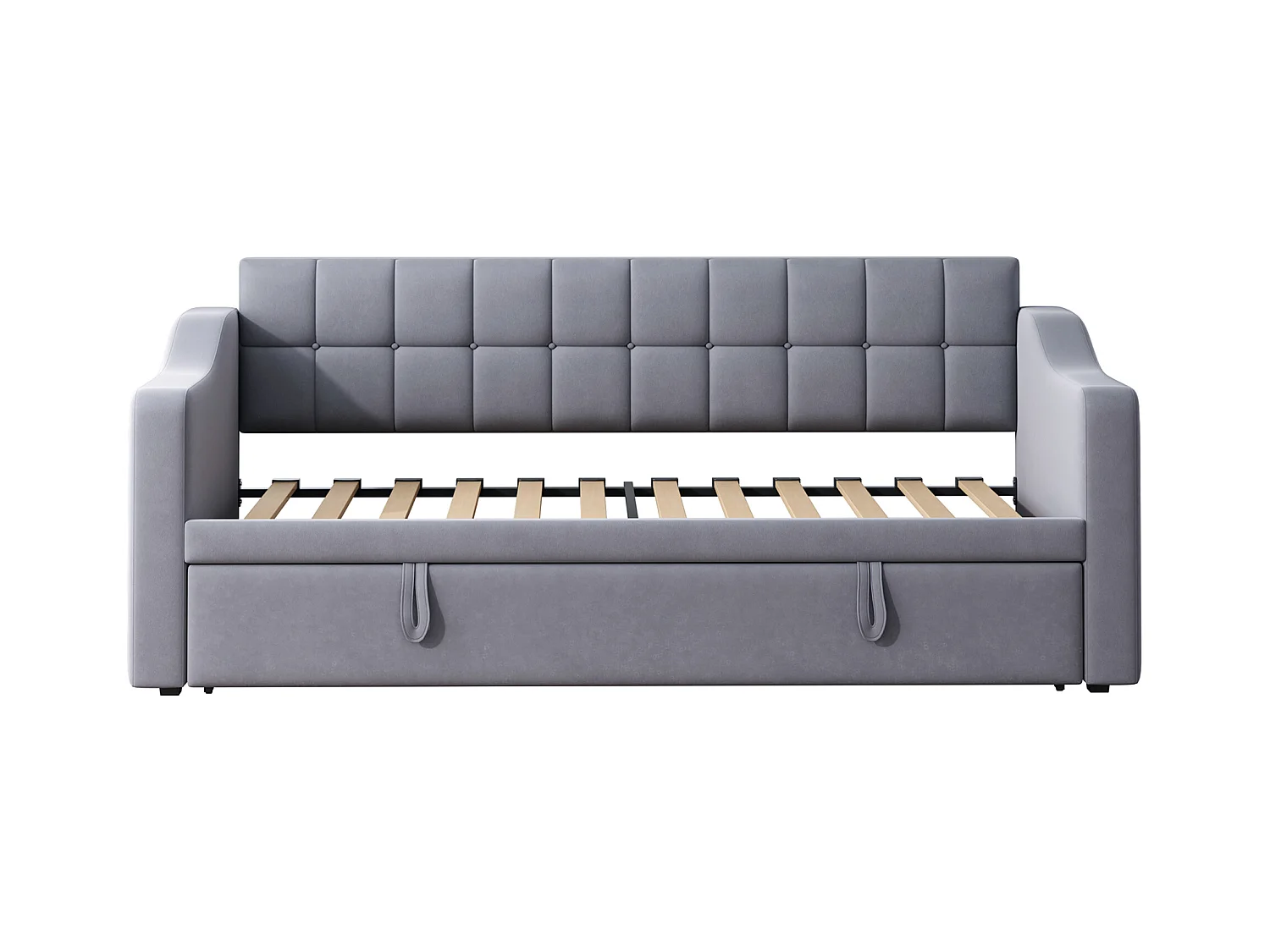 Lit banquette enfant 90x190 cm avec lit gigogne en velours gris avec prise et poche de rangement (sans matelas)
