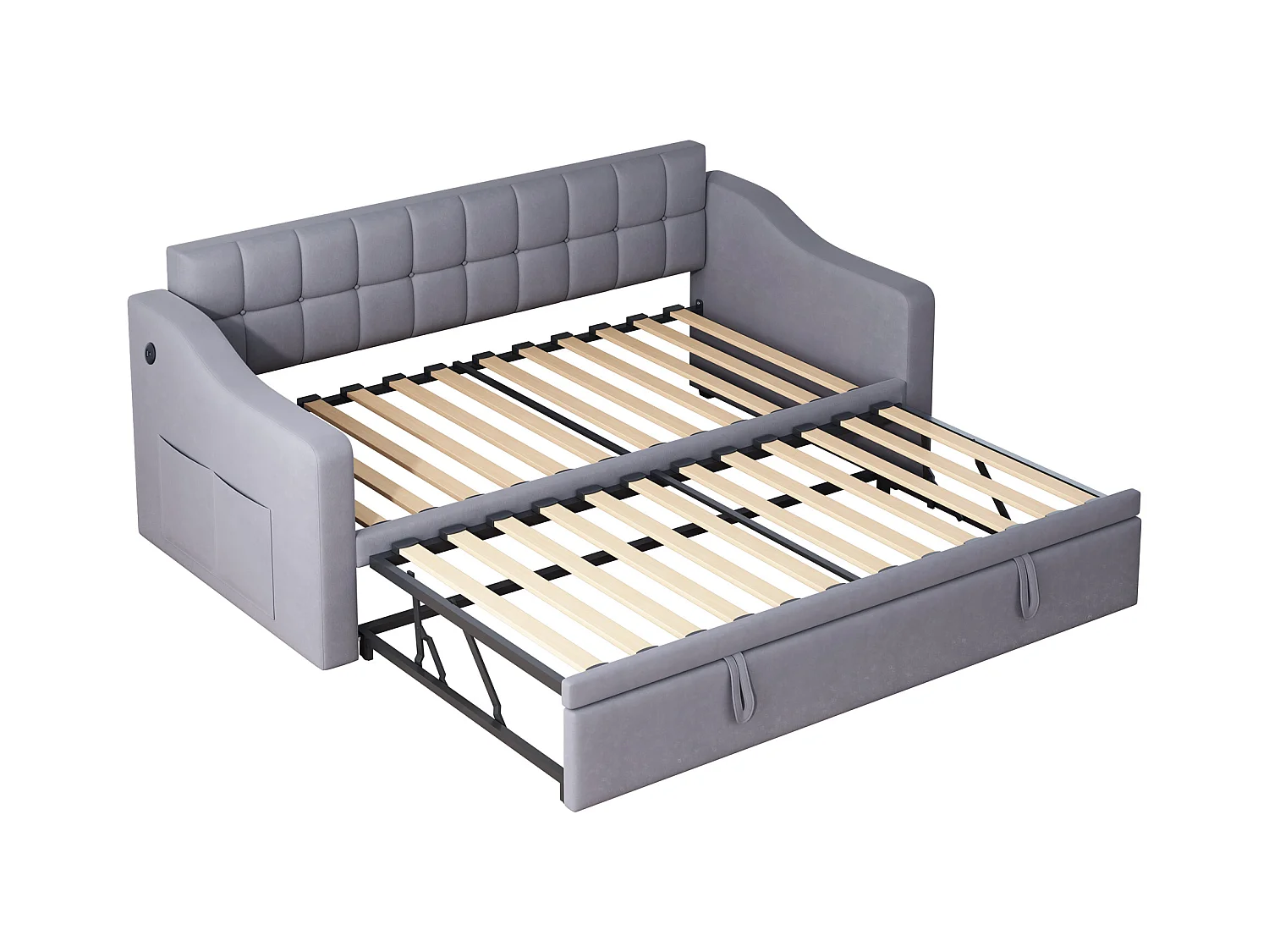 Lit banquette enfant 90x190 cm avec lit gigogne en velours gris avec prise et poche de rangement (sans matelas)