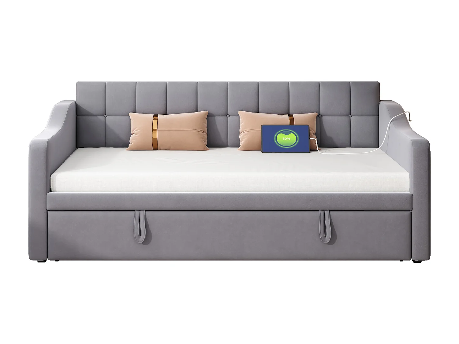 Lit banquette enfant 90x190 cm avec lit gigogne en velours gris avec prise et poche de rangement (sans matelas)