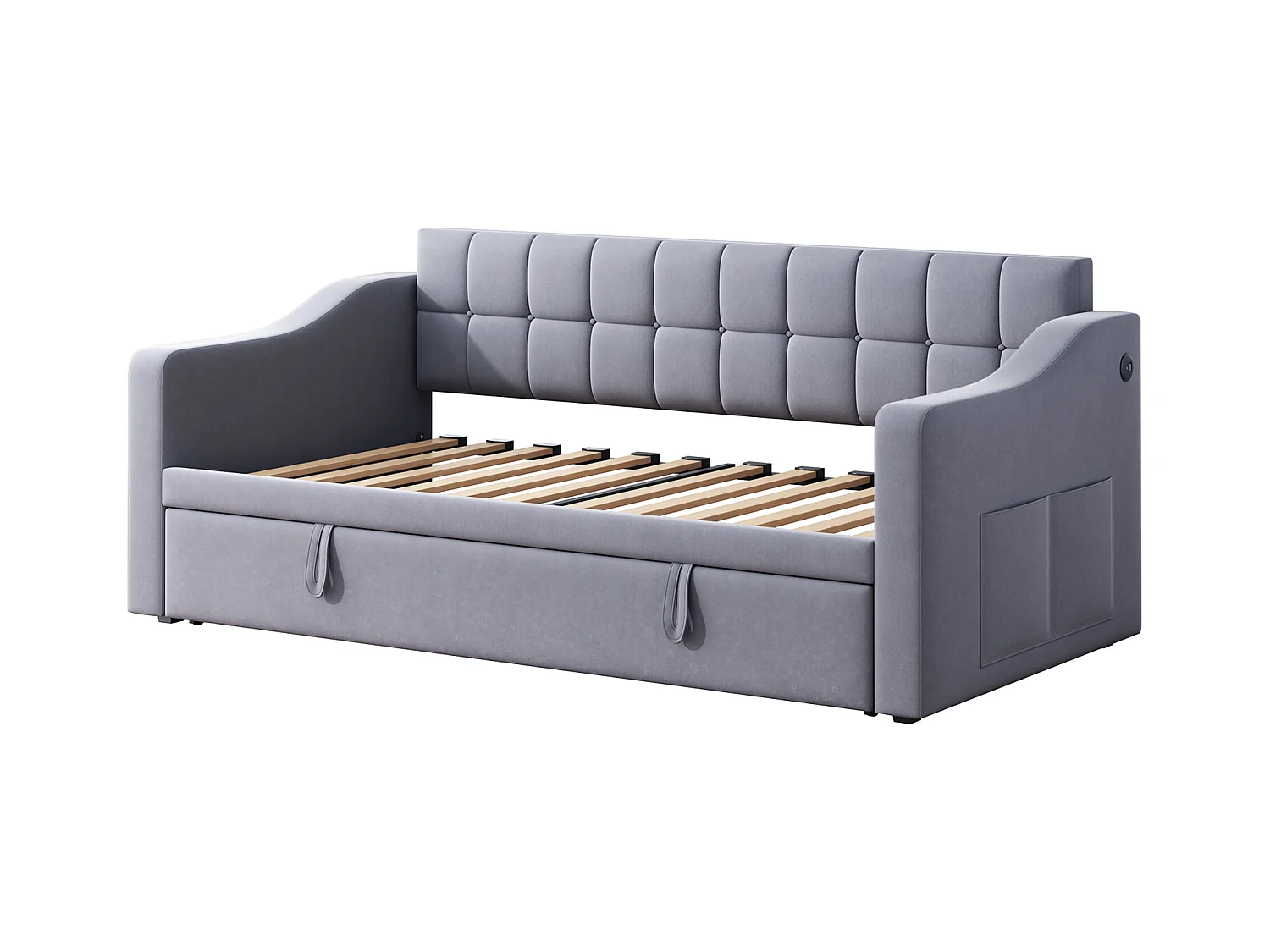 Lit banquette enfant 90x190 cm avec lit gigogne en velours gris avec prise et poche de rangement (sans matelas)