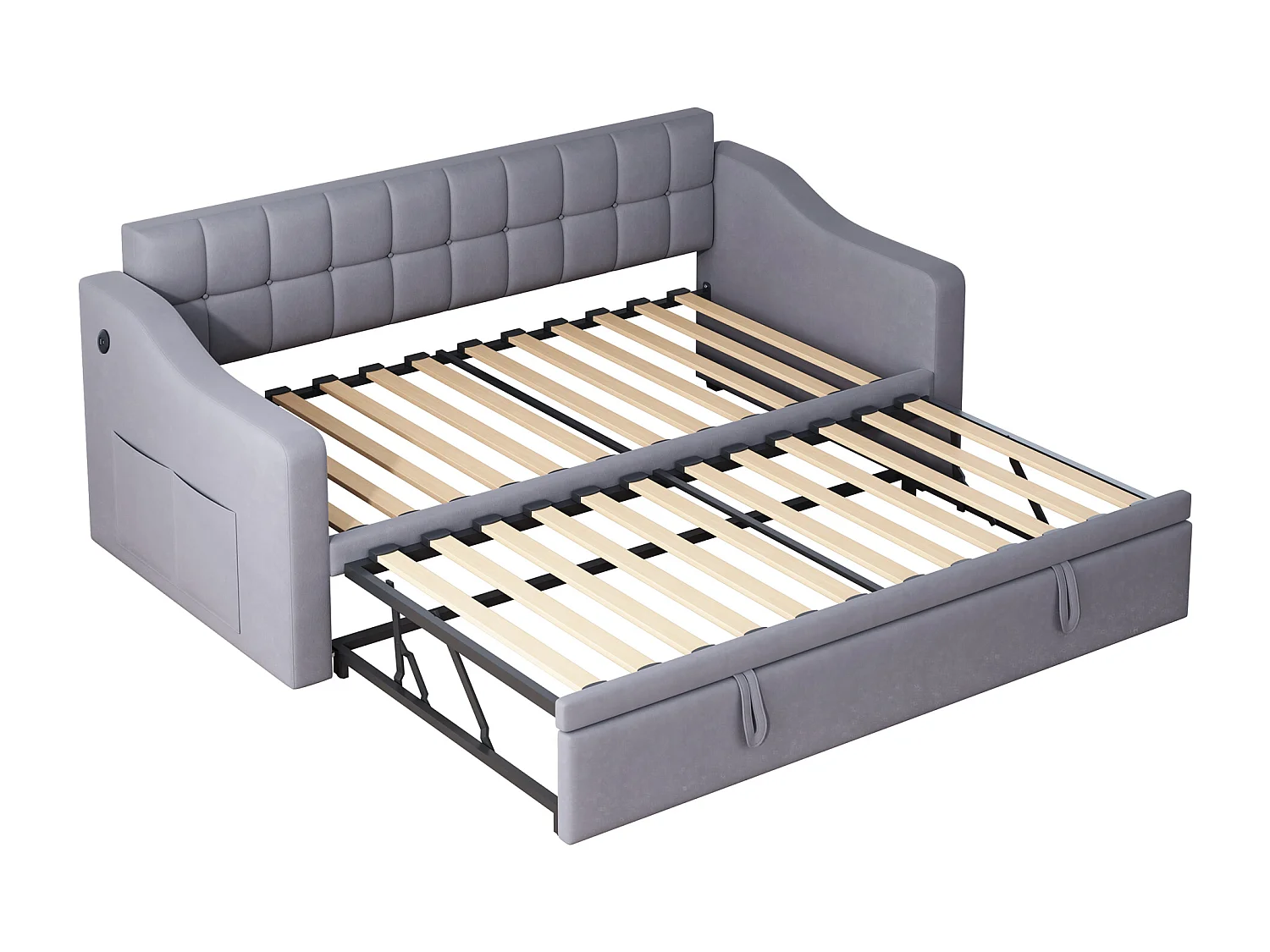 Lit banquette enfant 90x190 cm avec lit gigogne en velours gris avec prise et poche de rangement (sans matelas)