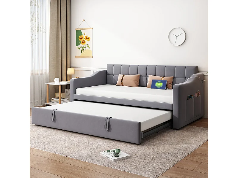 Lit banquette enfant 90x190 cm avec lit gigogne en velours gris avec prise et poche de rangement (sans matelas)