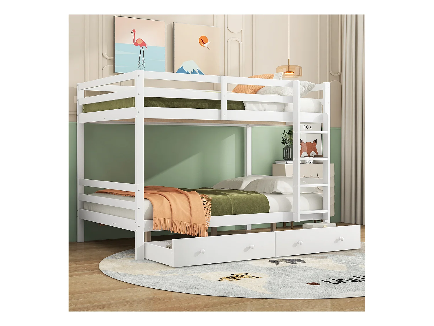 Letto a castello 140x200 cm per bambini con cassetti, sbarra di sicurezza alta, legno bianco (senza materasso)