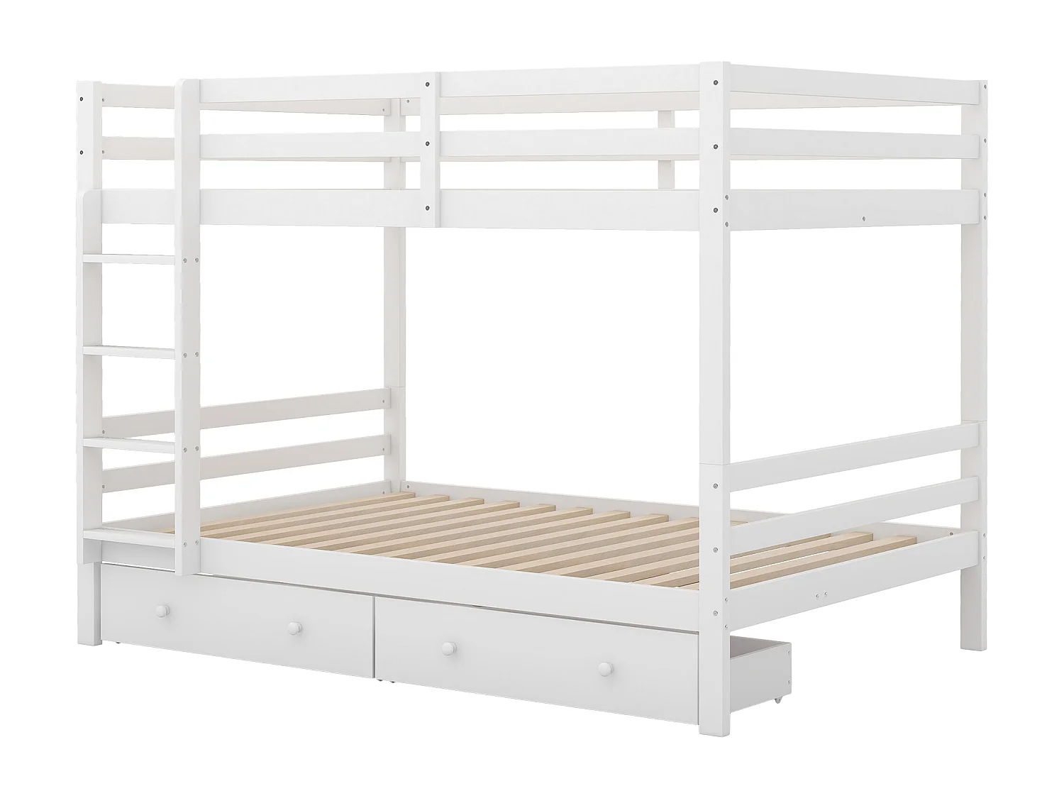 Lit superposé 140x200 cm pour enfants avec tiroirs, barrière de sécurité haute, en bois blanc(sans matelas)